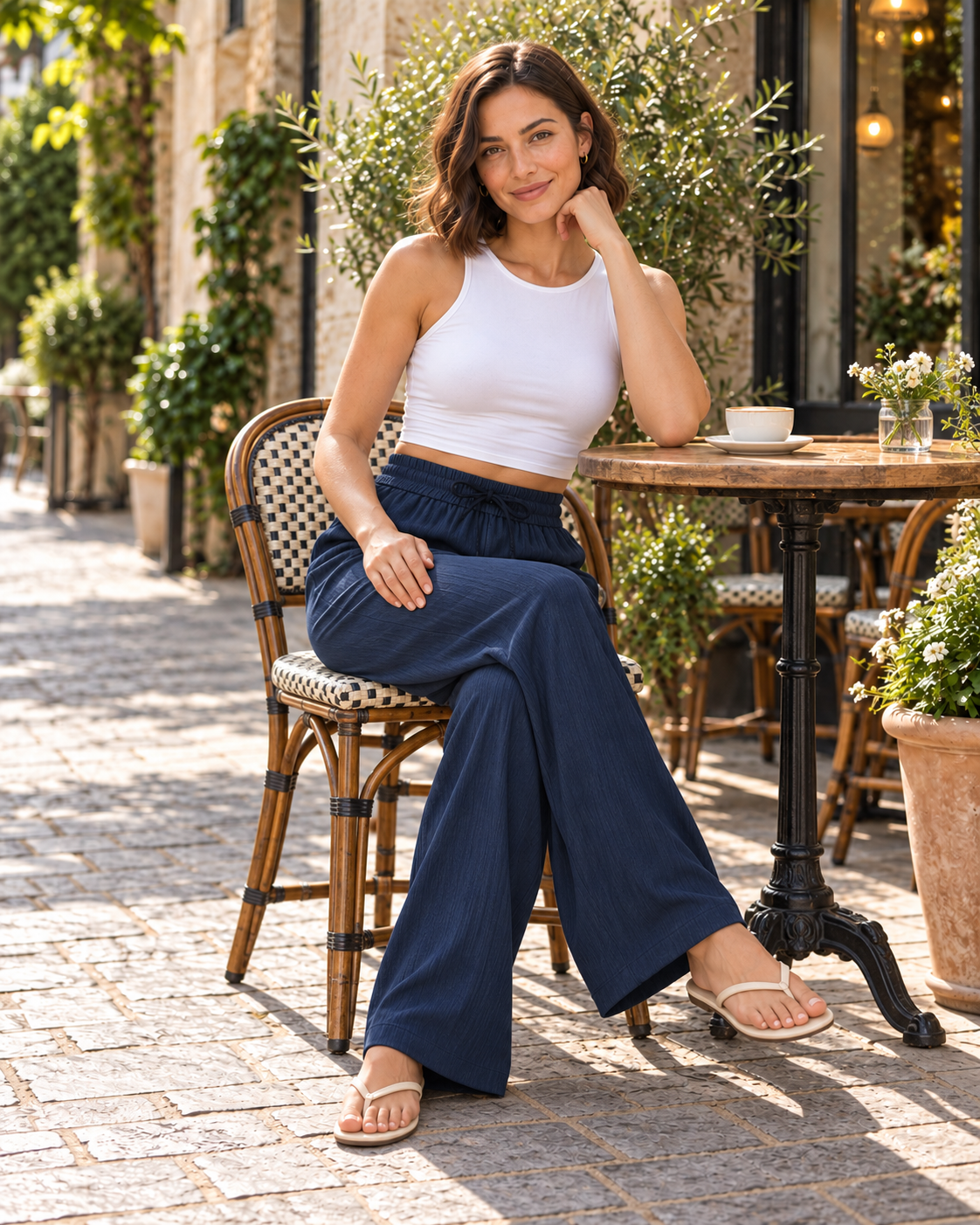 ANIKA WIDE LEG LINEN LOOK DRAWSTRING TROUSERS