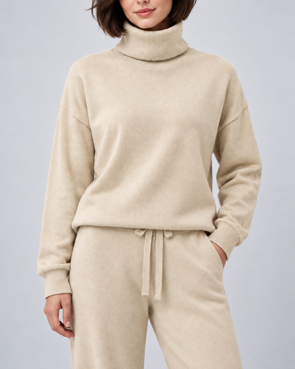 AMARA turtleneck sweater and drawstring pants set - apricot - fabric detail