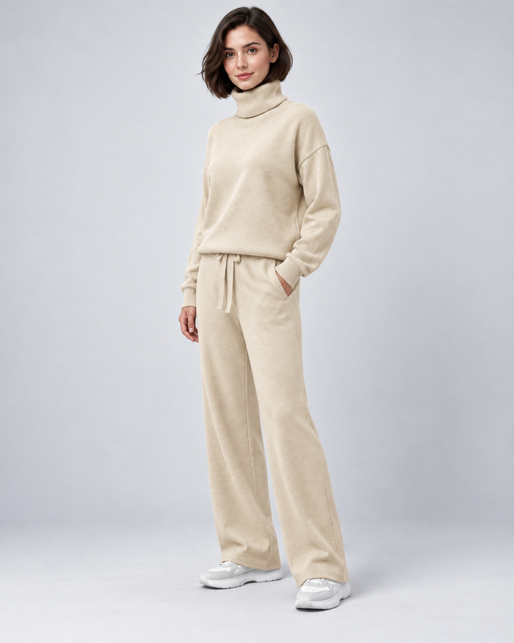 AMARA turtleneck sweater and drawstring pants set - apricot - three quarter