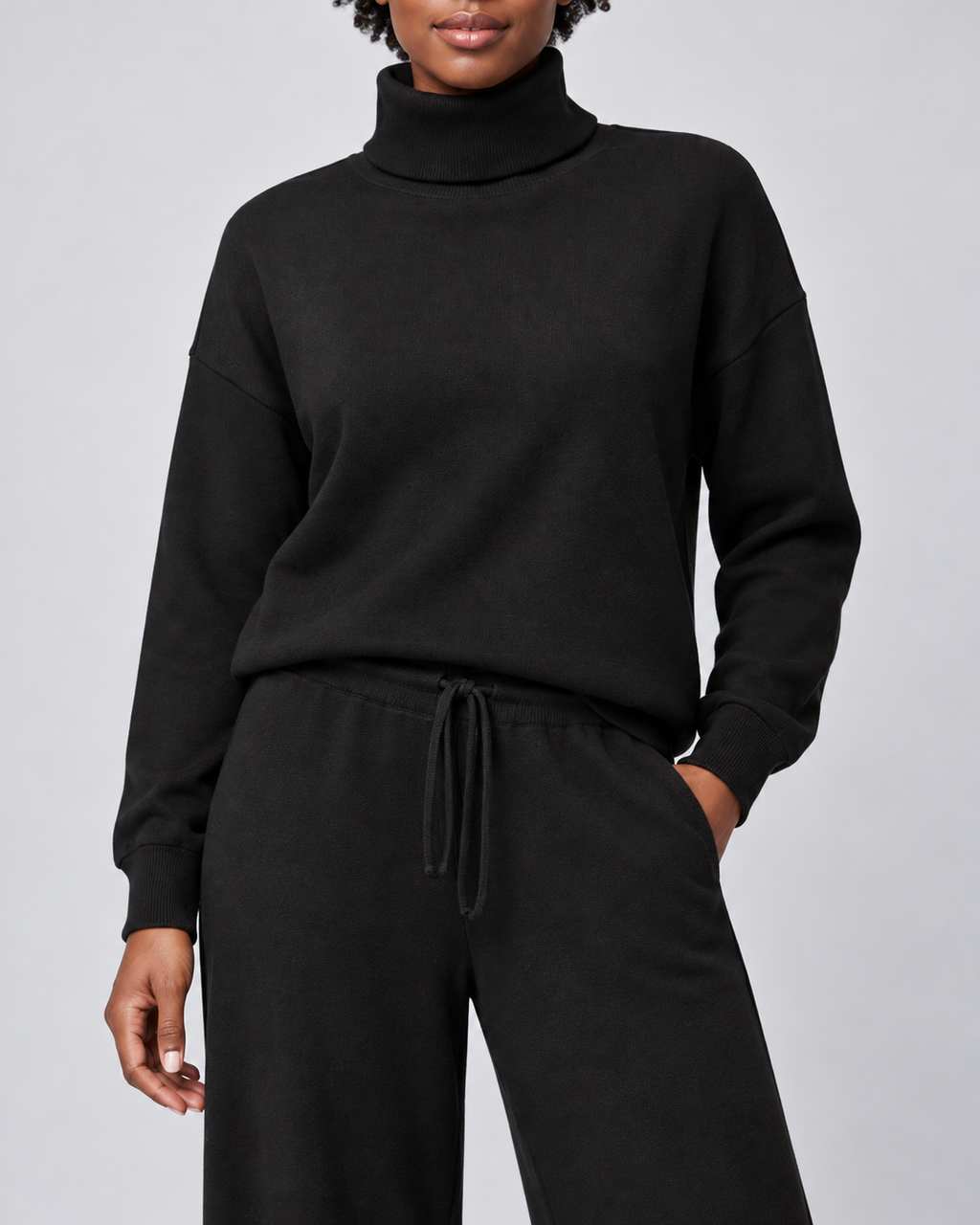 AMARA turtleneck sweater and drawstring pants set - black - fabric detail