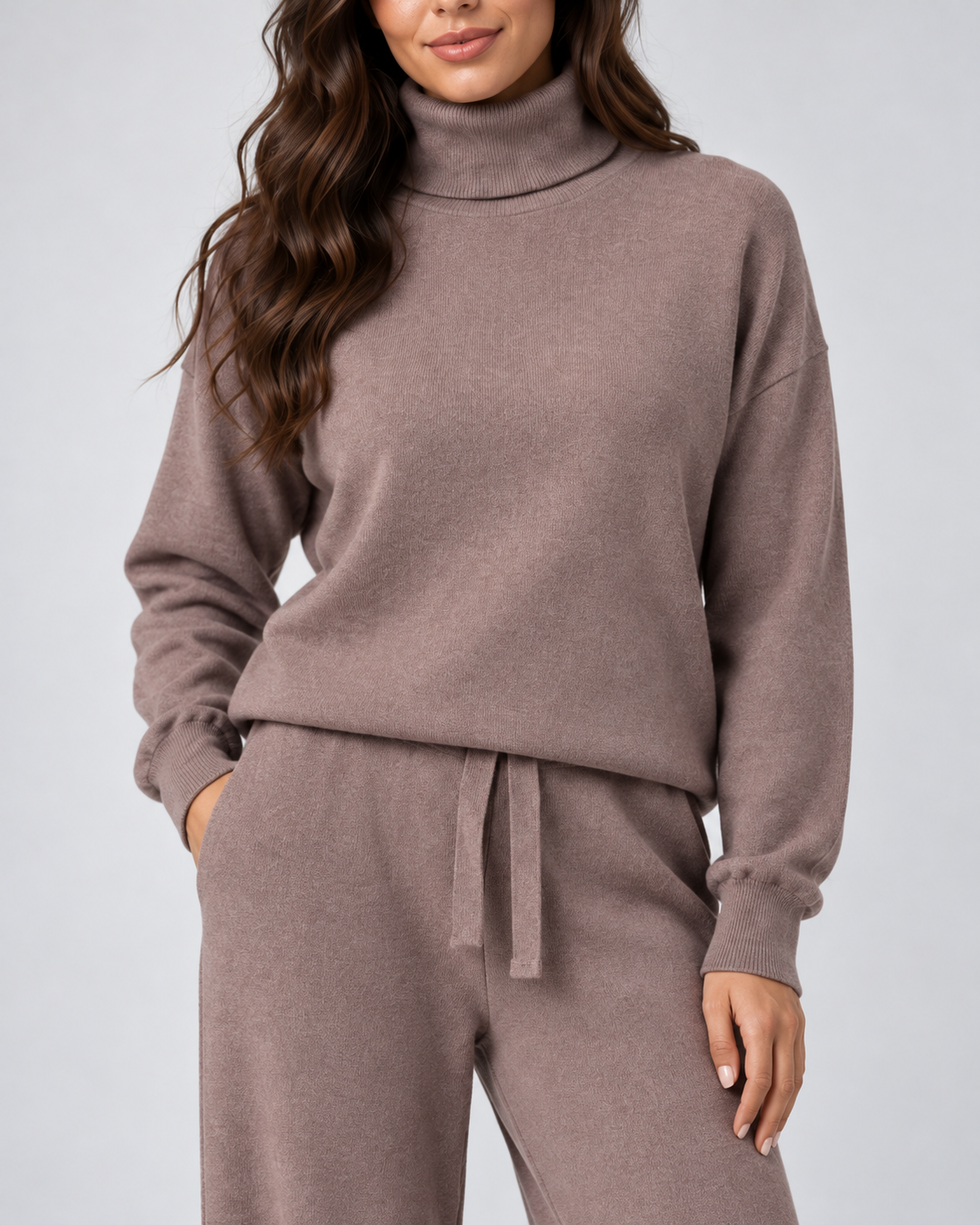 AMARA turtleneck sweater and drawstring pants set - coffee - fabric detail