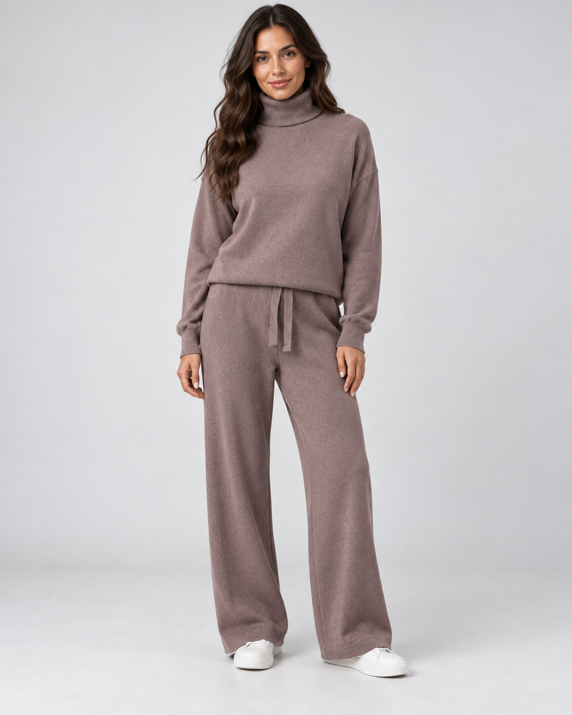 AMARA turtleneck sweater and drawstring pants set - coffee - front view