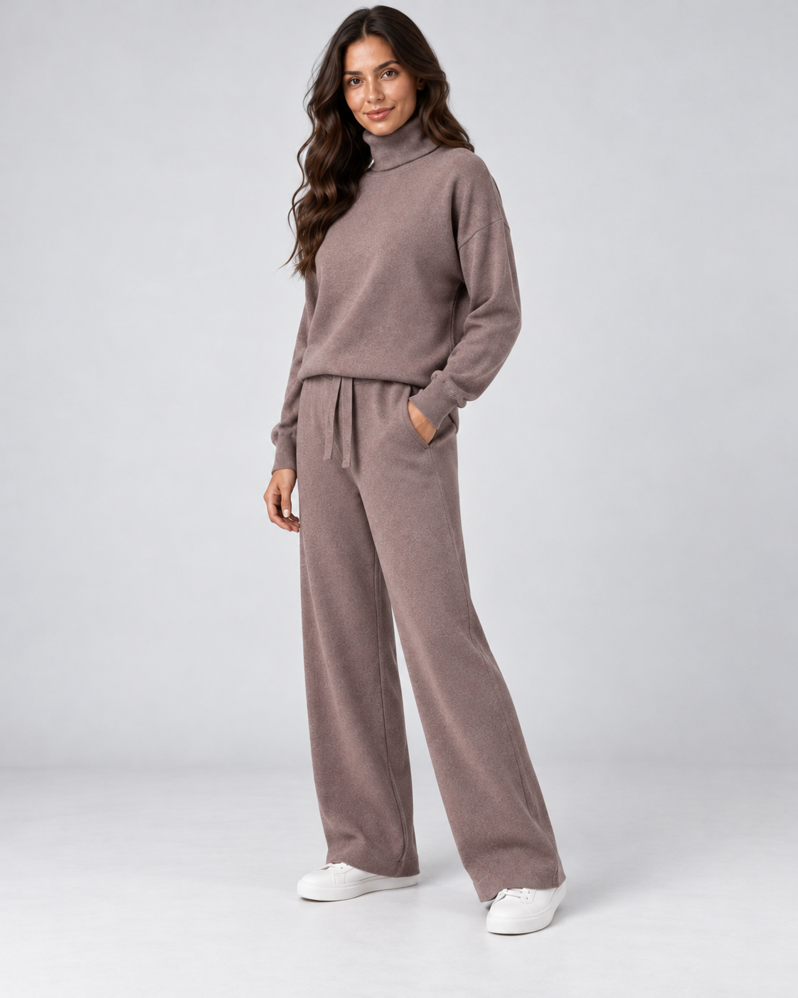 AMARA turtleneck sweater and drawstring pants set - coffee - three quarter