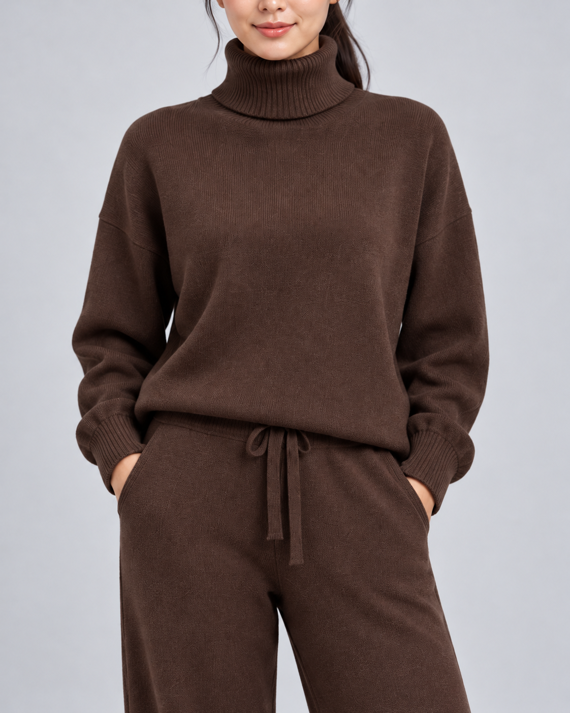 AMARA turtleneck sweater and drawstring pants set - dark coffee - fabric detail