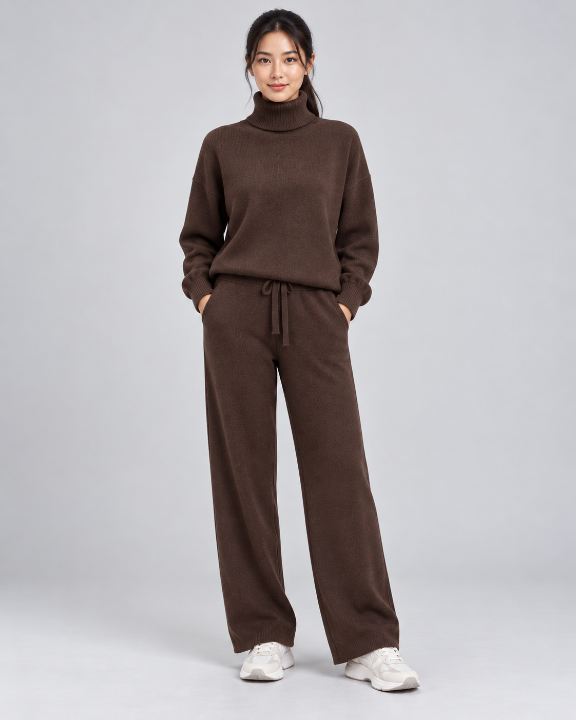 AMARA turtleneck sweater and drawstring pants set - dark coffee - front view