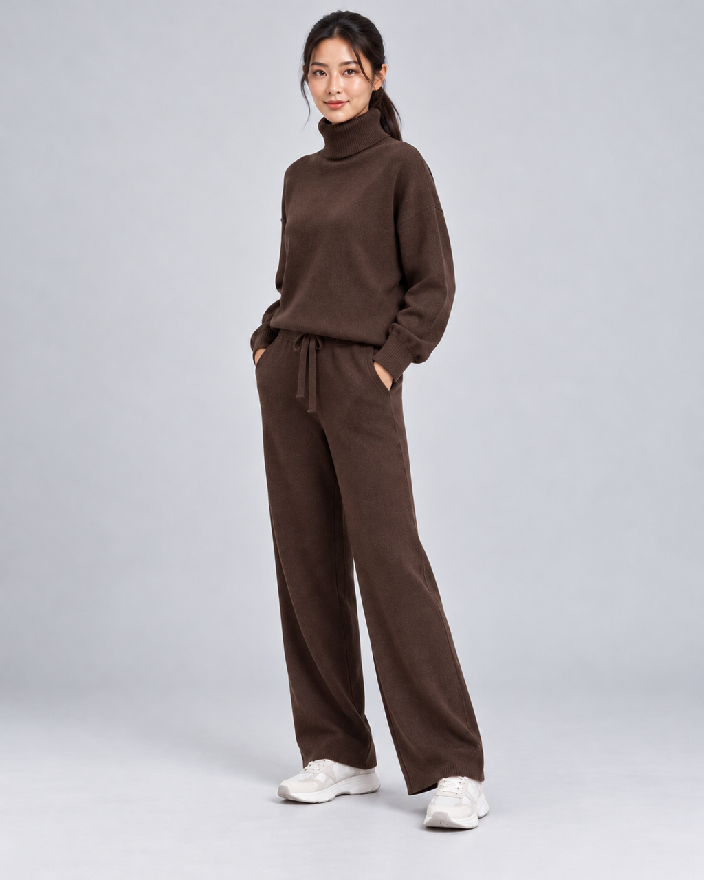 AMARA turtleneck sweater and drawstring pants set - dark coffee - three quarter