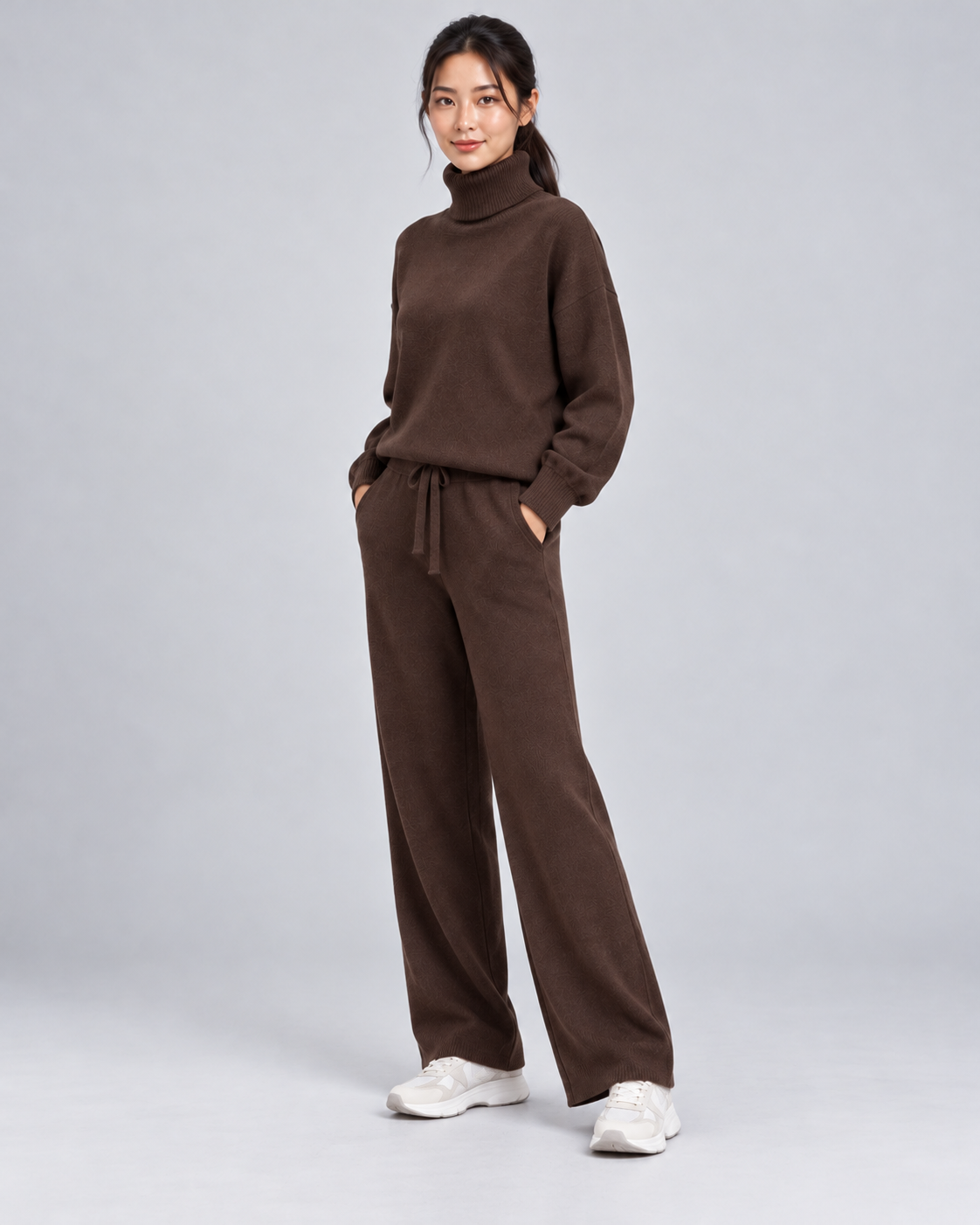 AMARA turtleneck sweater and drawstring pants set - dark coffee - three quarter