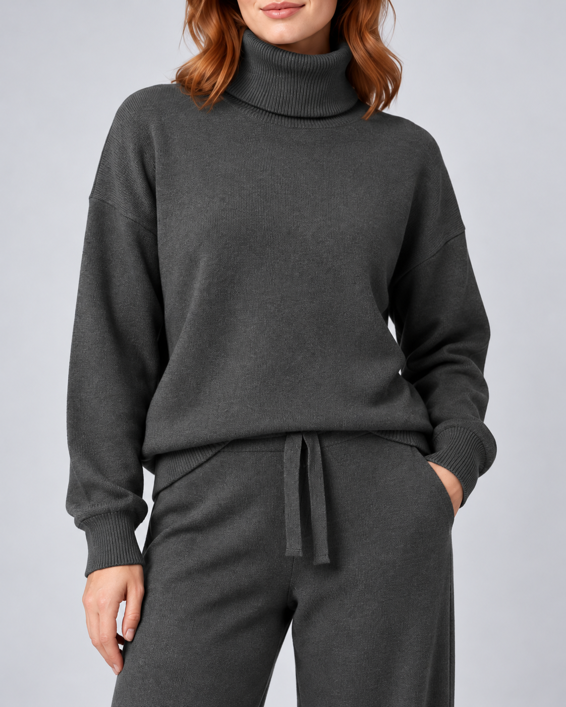 AMARA turtleneck sweater and drawstring pants set - grey - fabric detail