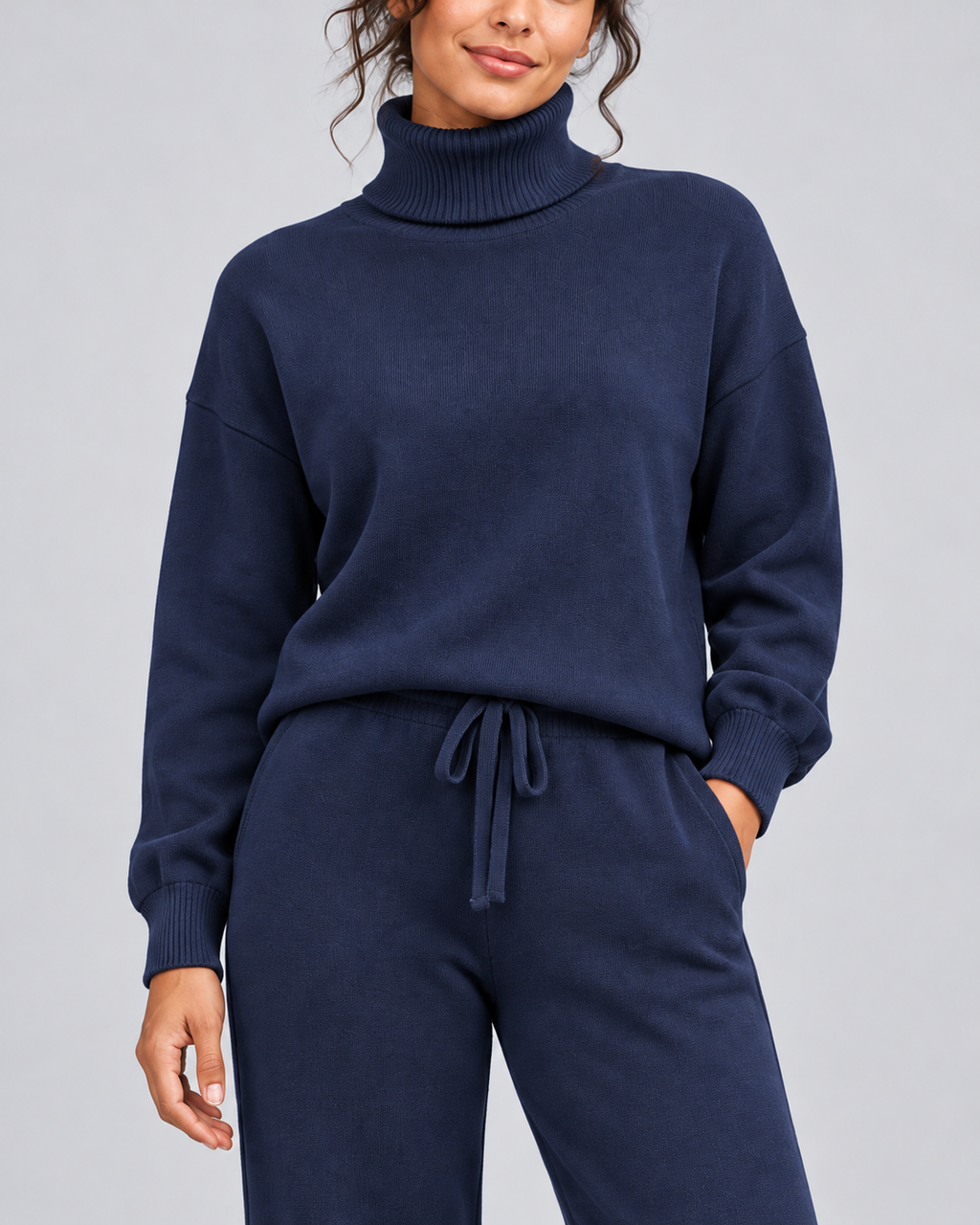 AMARA turtleneck sweater and drawstring pants set - navy blue - fabric detail