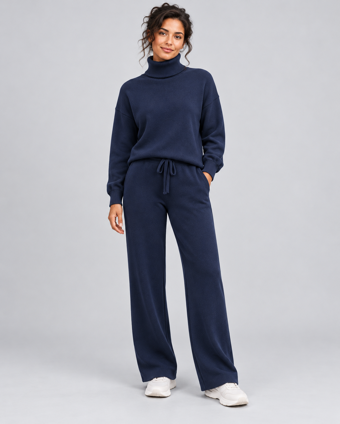 AMARA turtleneck sweater and drawstring pants set - navy blue - front view