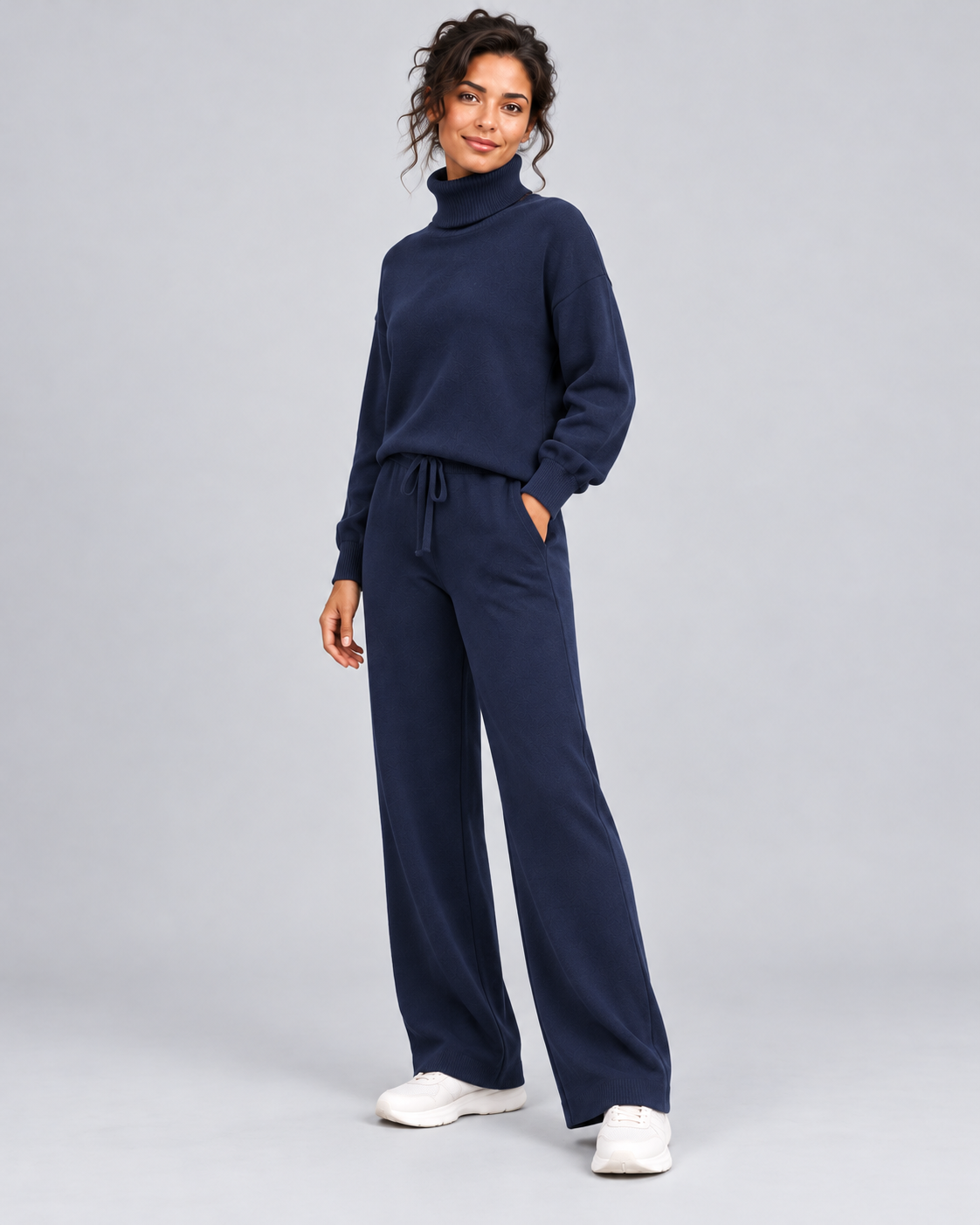 AMARA turtleneck sweater and drawstring pants set - navy blue - three quarter