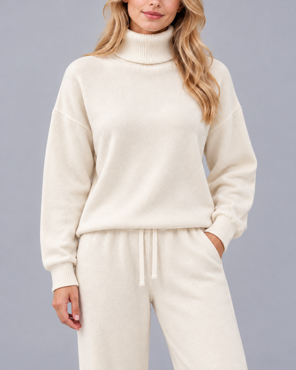 AMARA turtleneck sweater and drawstring pants set - white - fabric detail