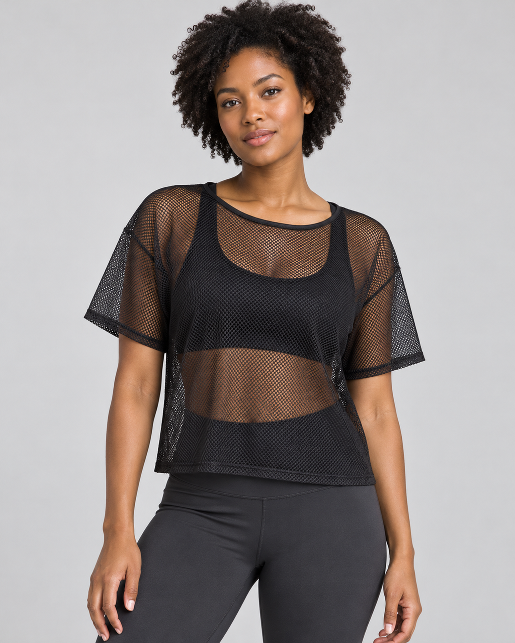 ANAIS BLACK sheer mesh tee - front view