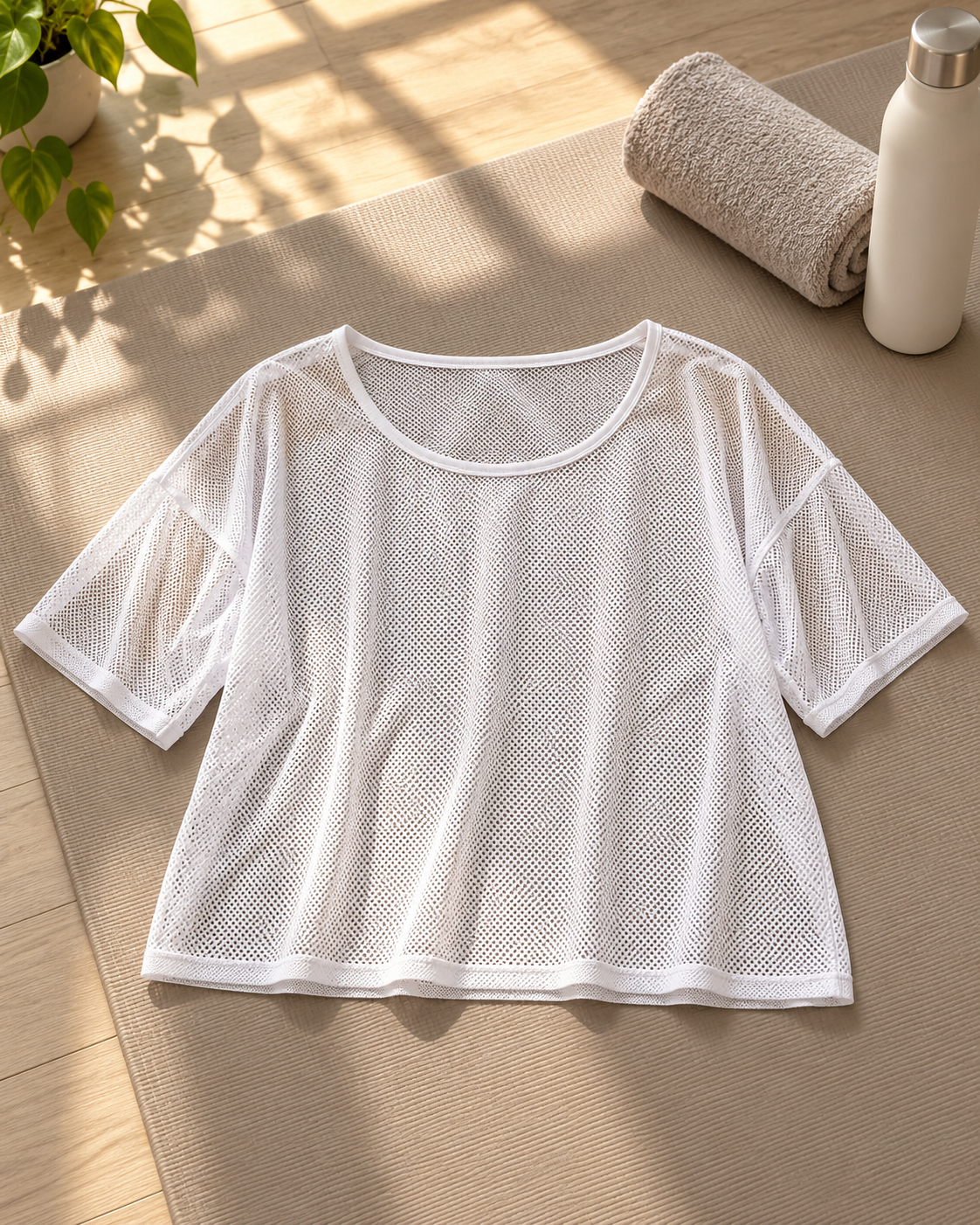 ANAIS White sheer mesh tee - Pilates studio flat lay