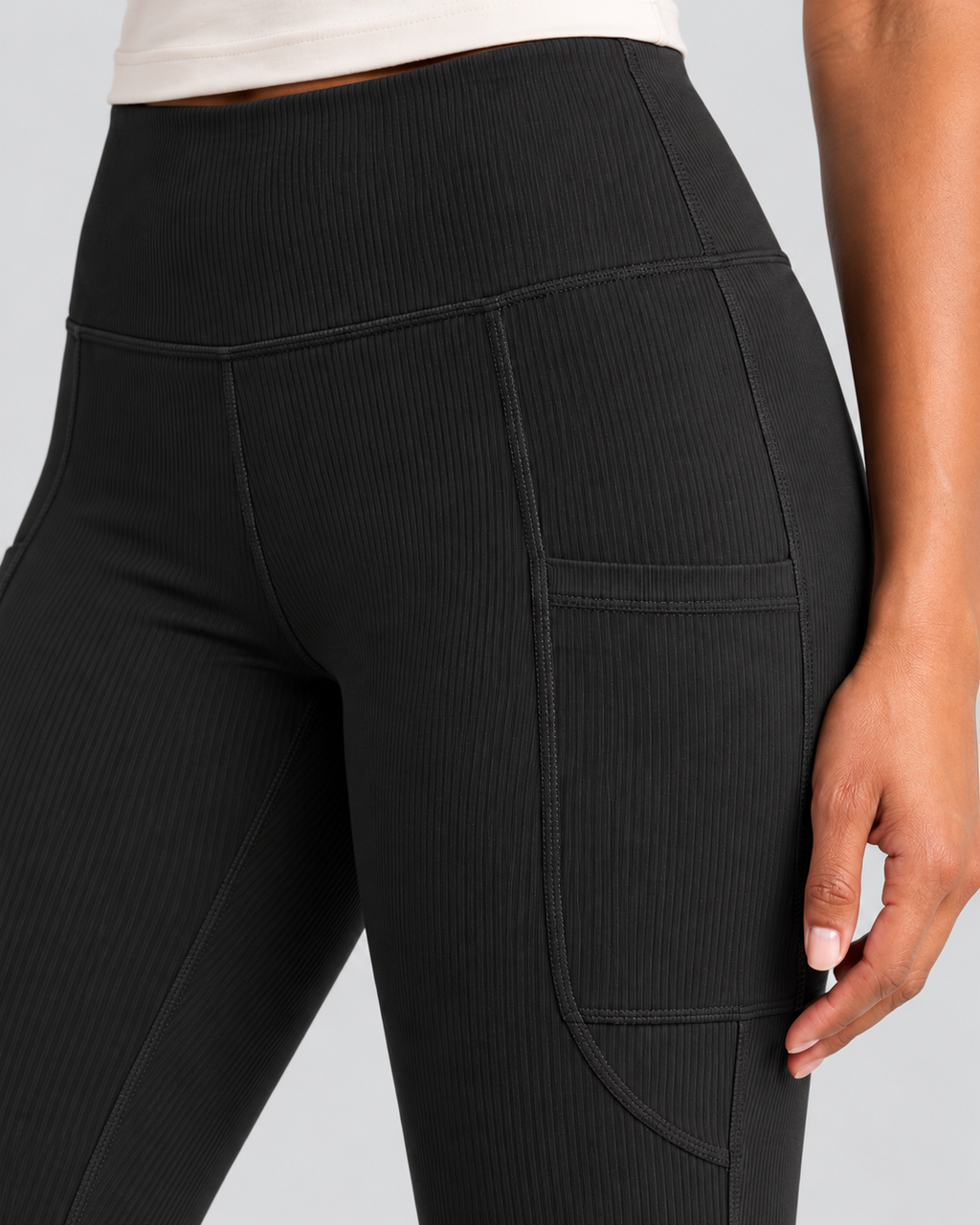 AWA black capri flare pants - pocket and fabric detail