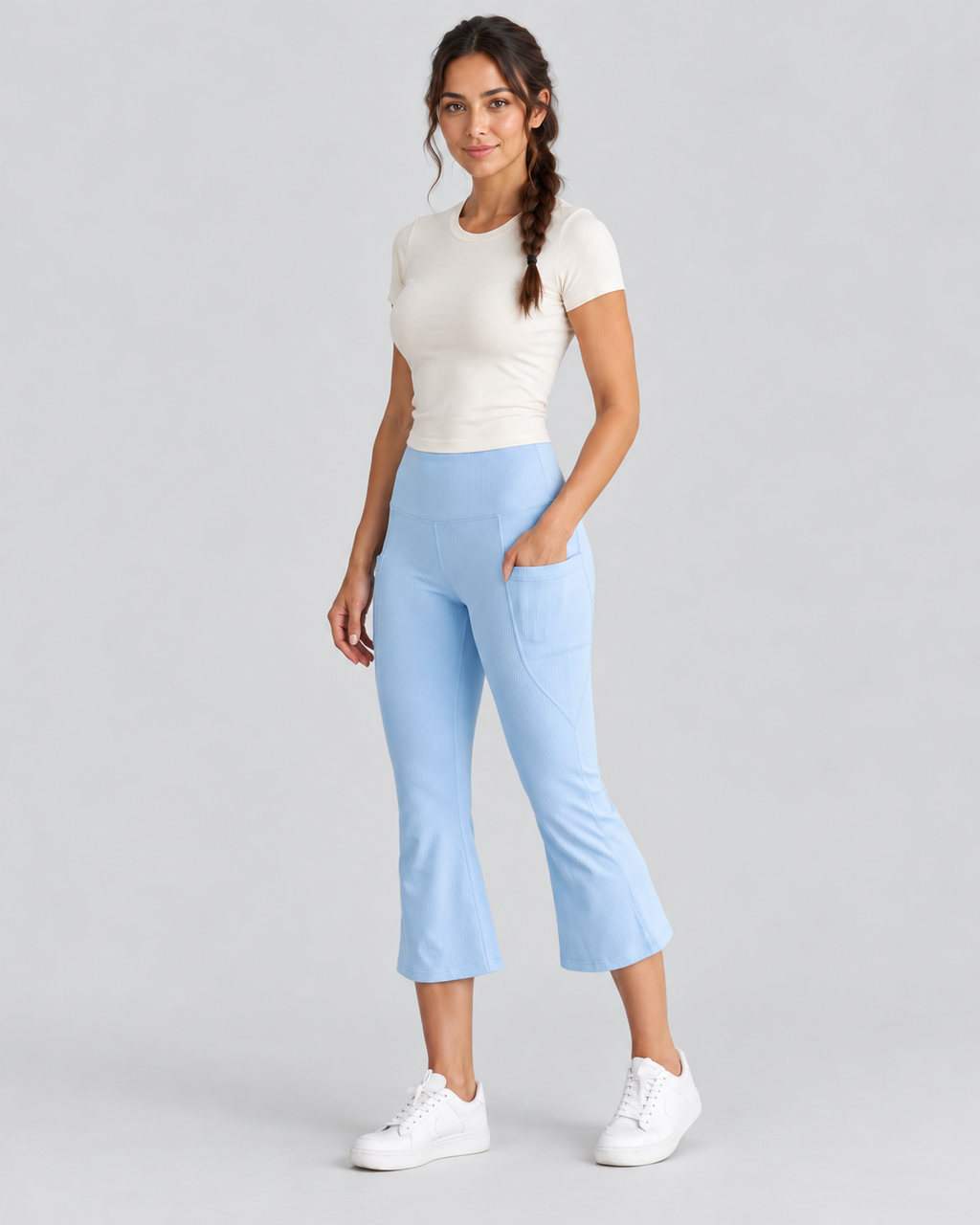 AWA light-blue capri flare pants - three-quarter view