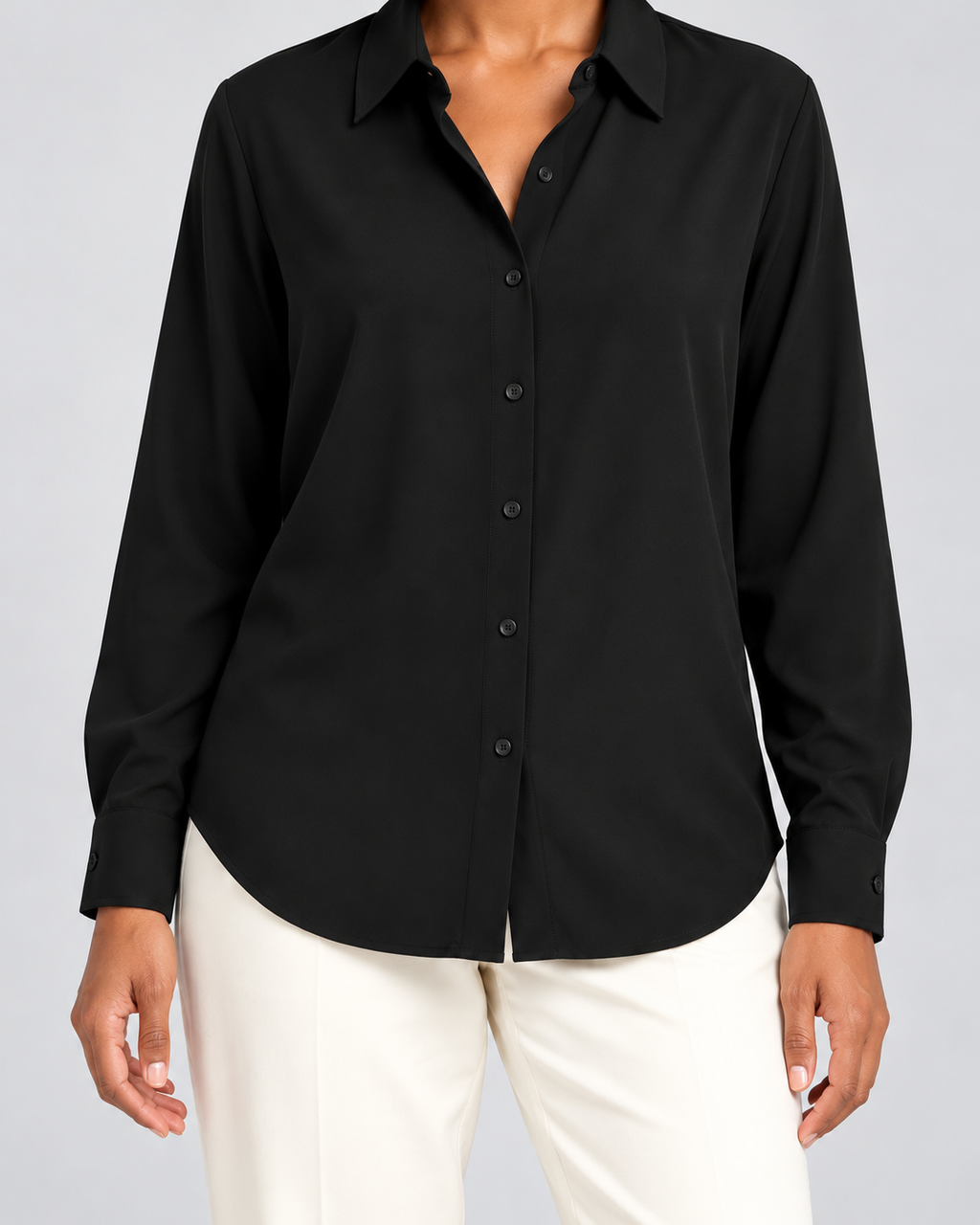 CYRA black long sleeve button-front shirt - fabric-detail view
