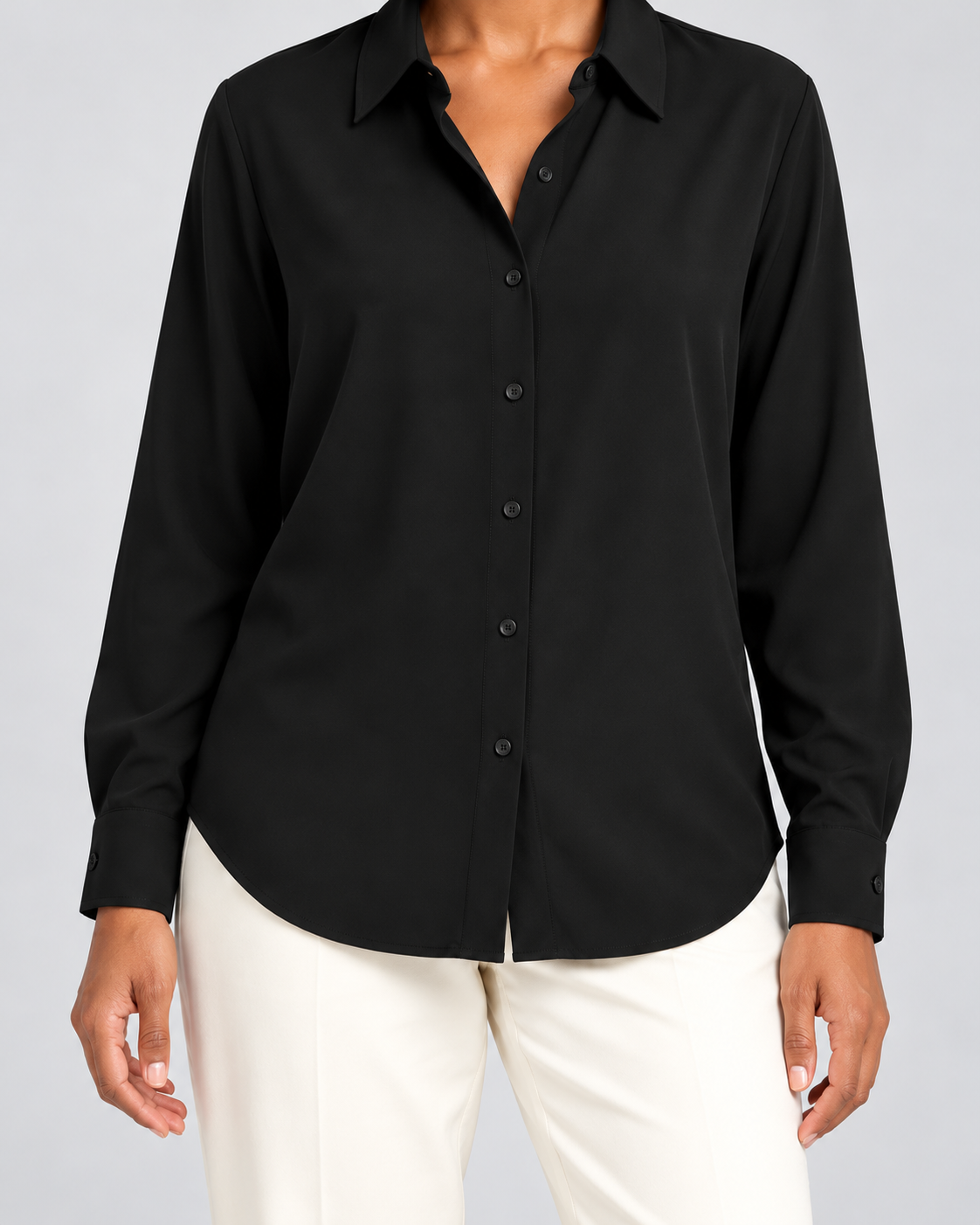 CYRA black long sleeve button-front shirt - fabric-detail view