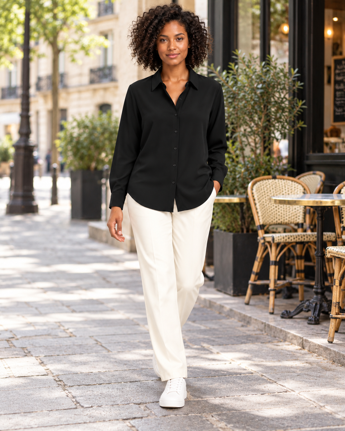 CYRA black long sleeve button-front shirt - lifestyle view