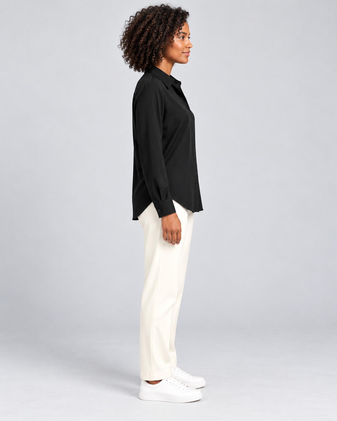 CYRA black long sleeve button-front shirt - side view