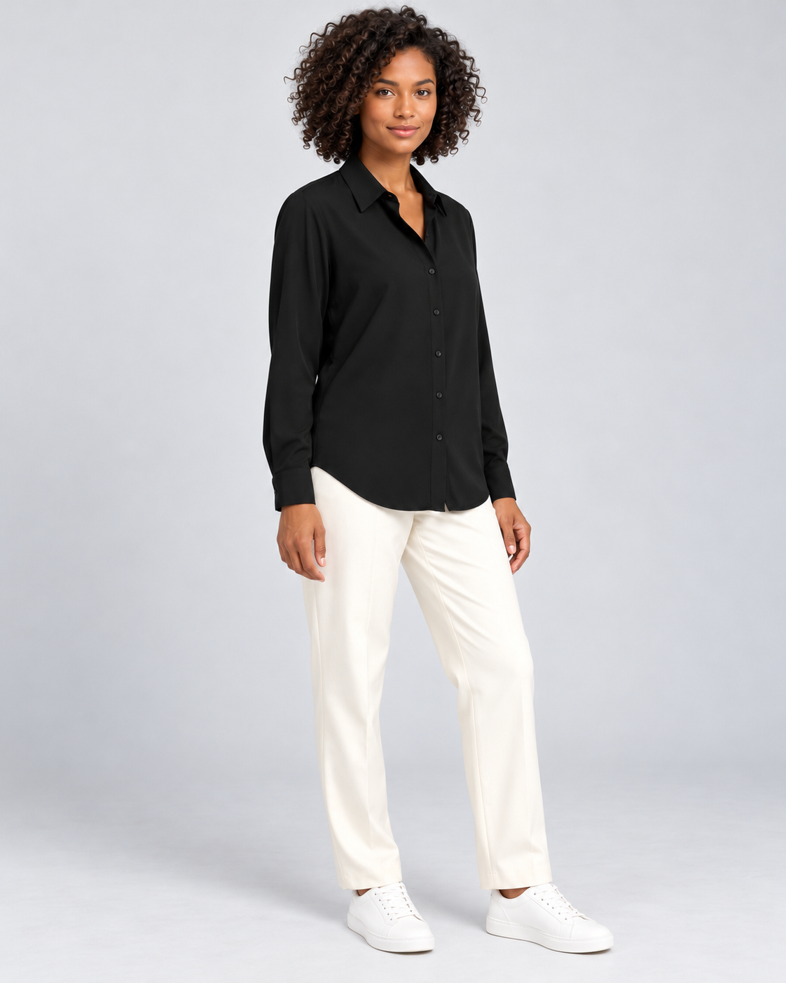 CYRA black long sleeve button-front shirt - three-quarter view