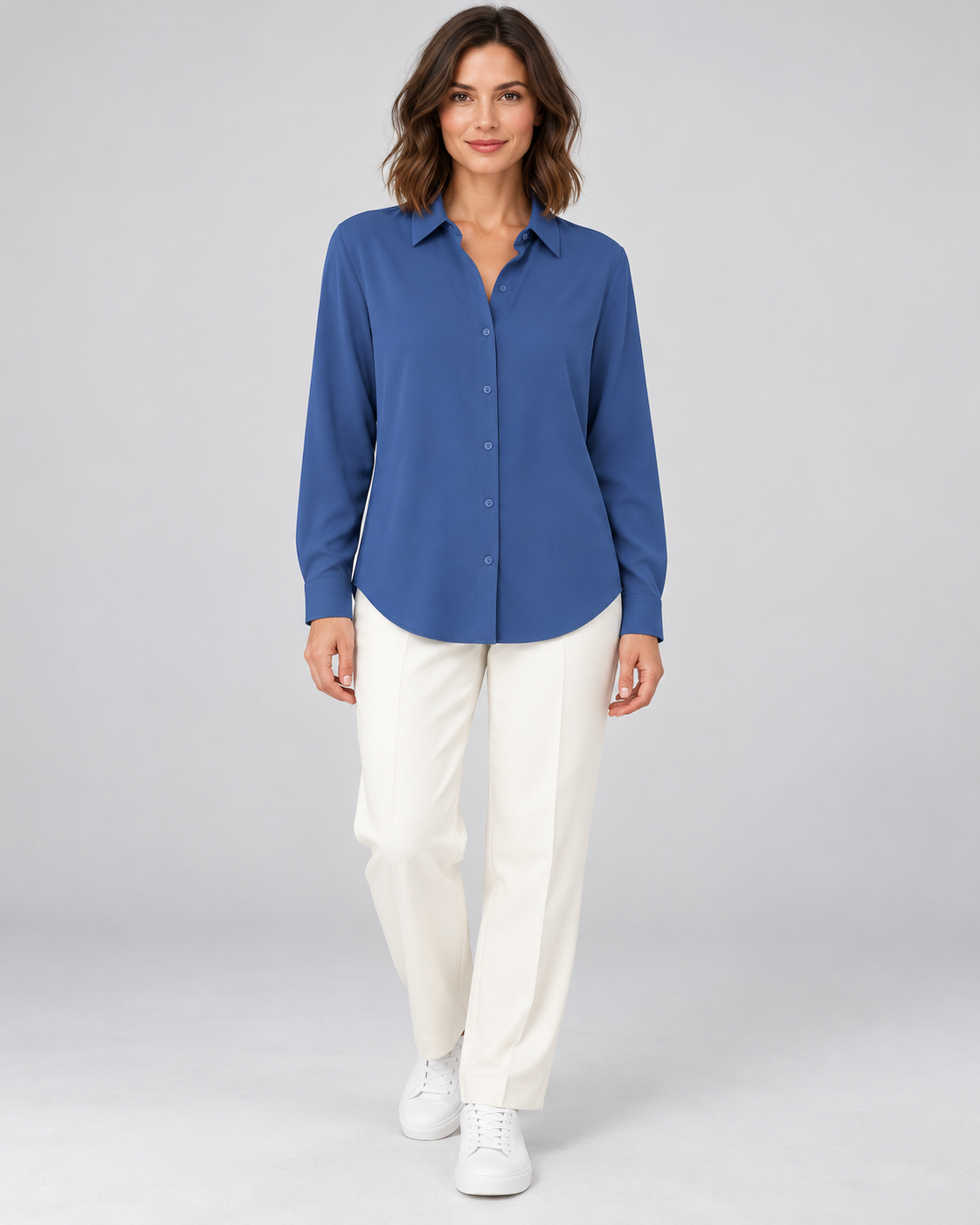 CYRA blue long sleeve button-front shirt - front view