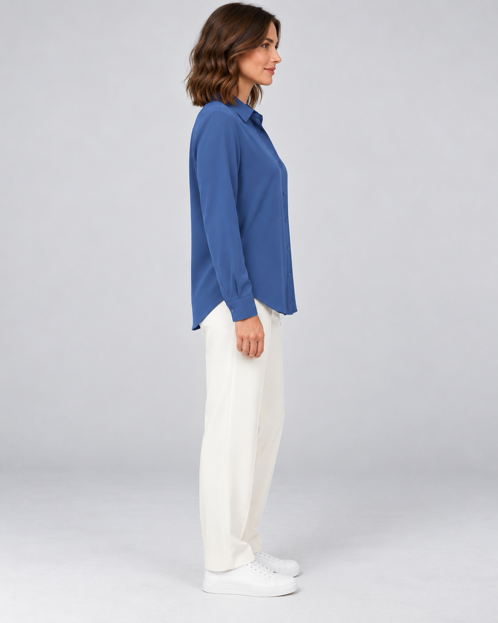 CYRA blue long sleeve button-front shirt - side view
