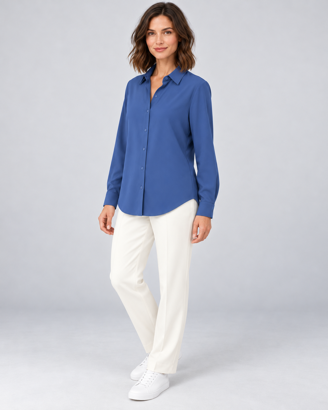 CYRA blue long sleeve button-front shirt - three-quarter view