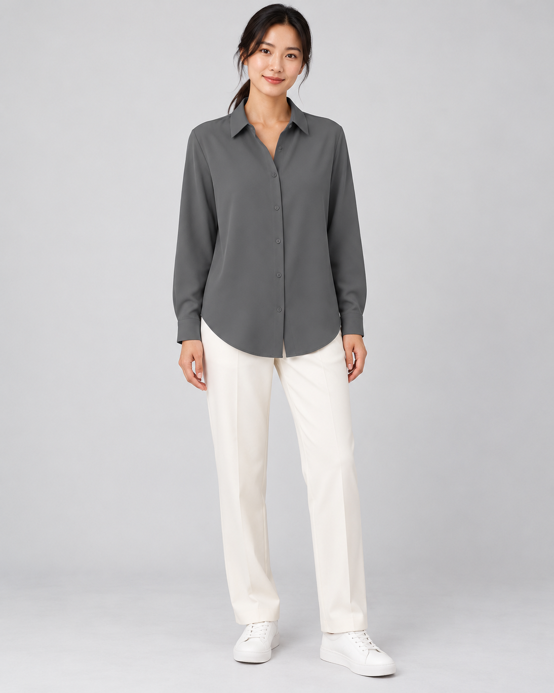 CYRA gray long sleeve button-front shirt - front view