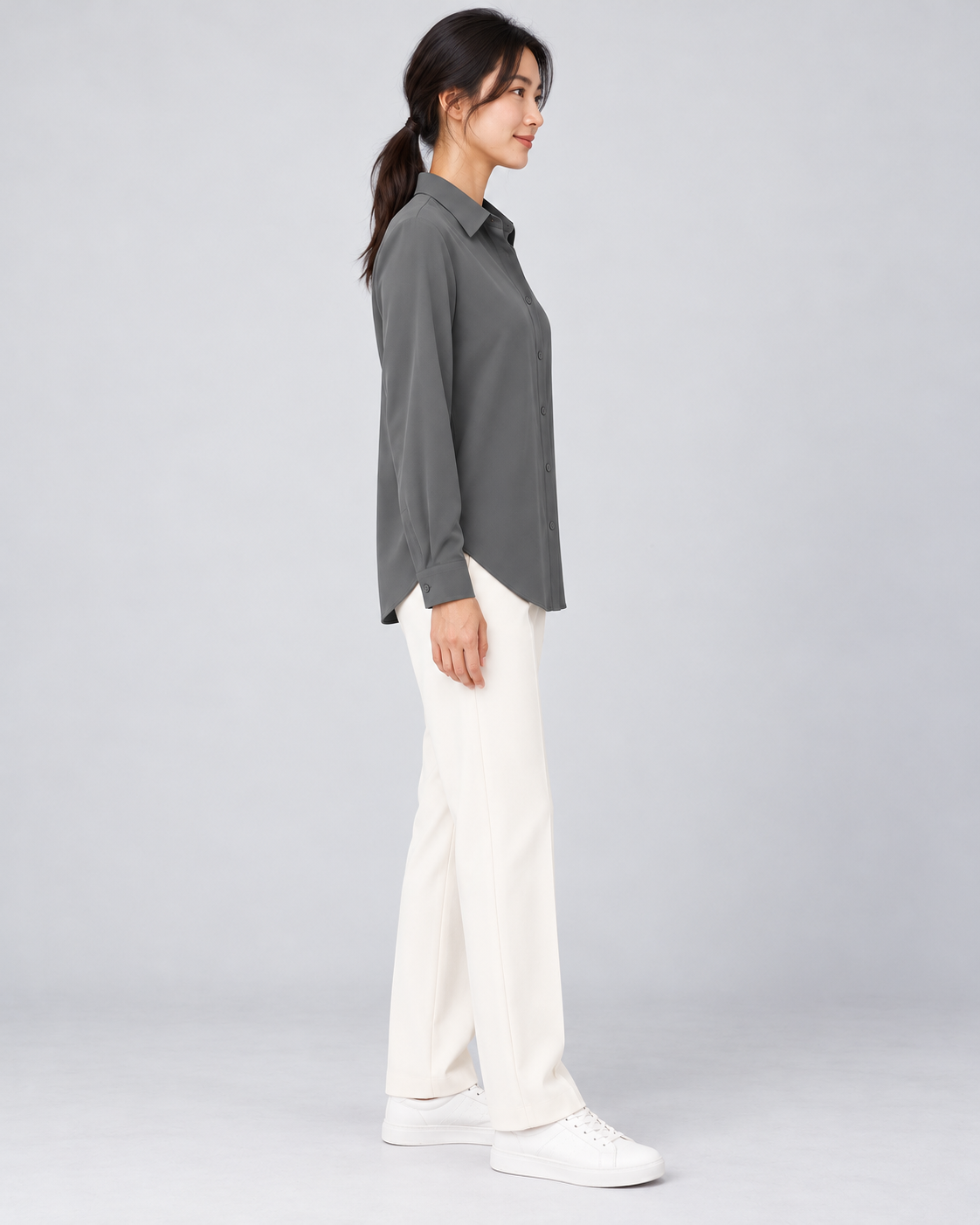 CYRA gray long sleeve button-front shirt - side view
