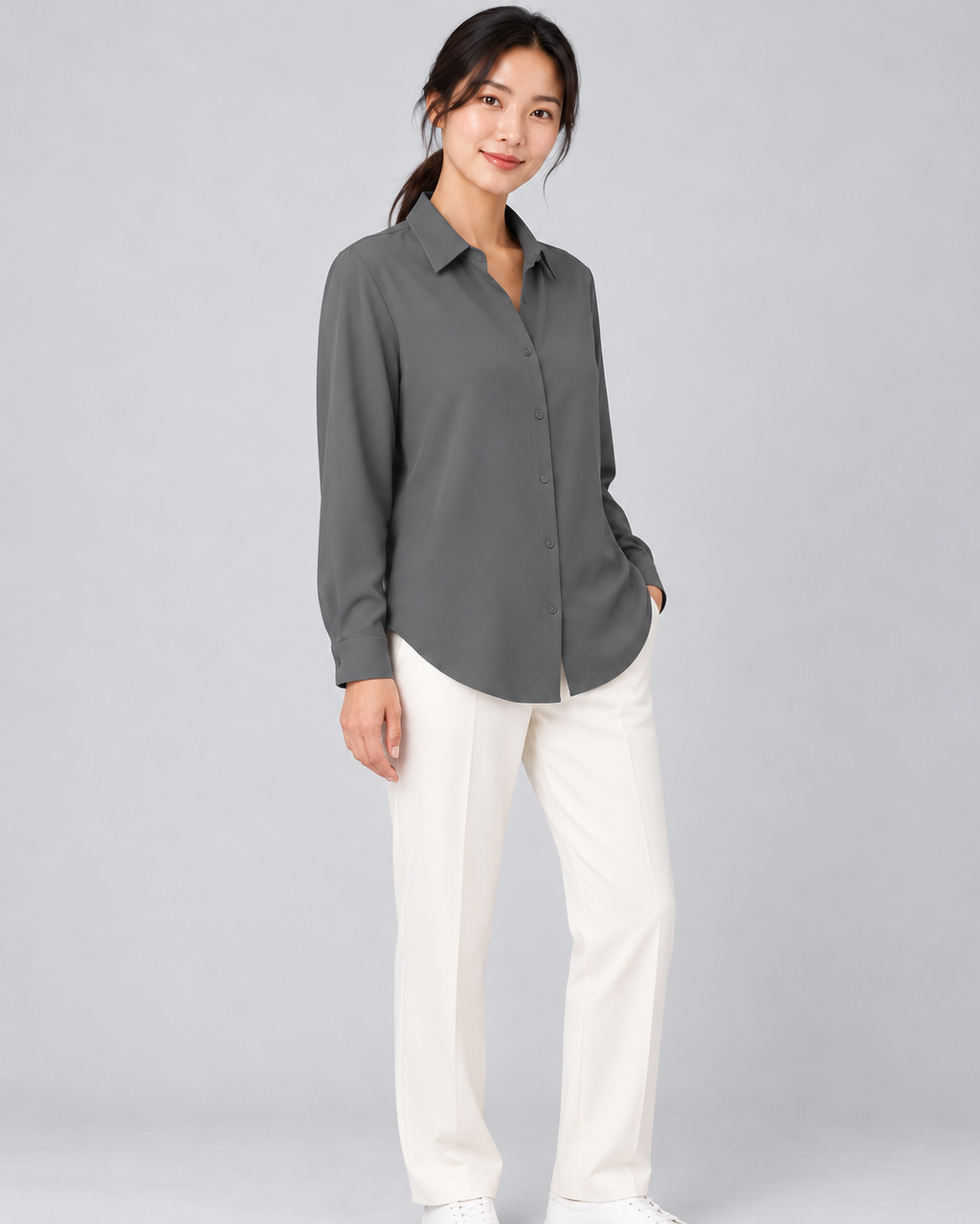 CYRA gray long sleeve button-front shirt - three-quarter view