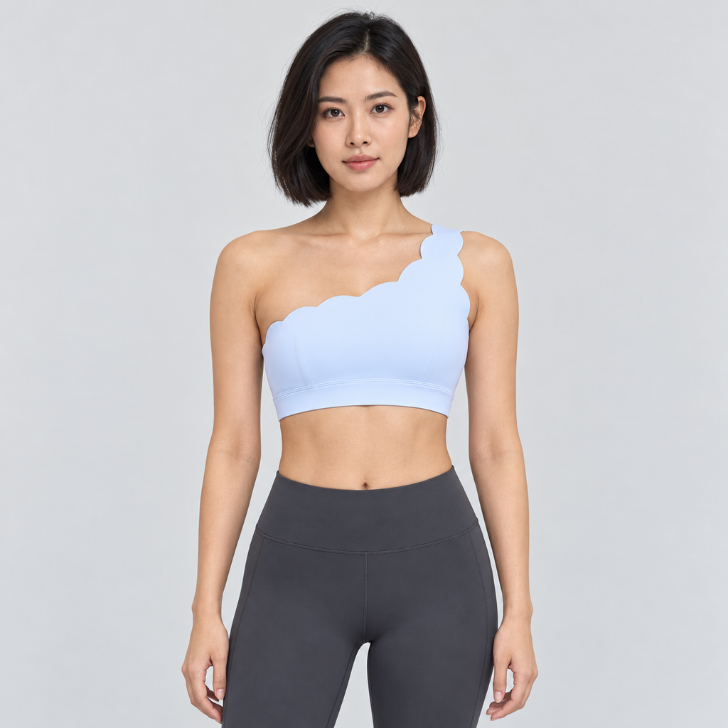 EMY BABY BLUE one-shoulder sports bra - front view