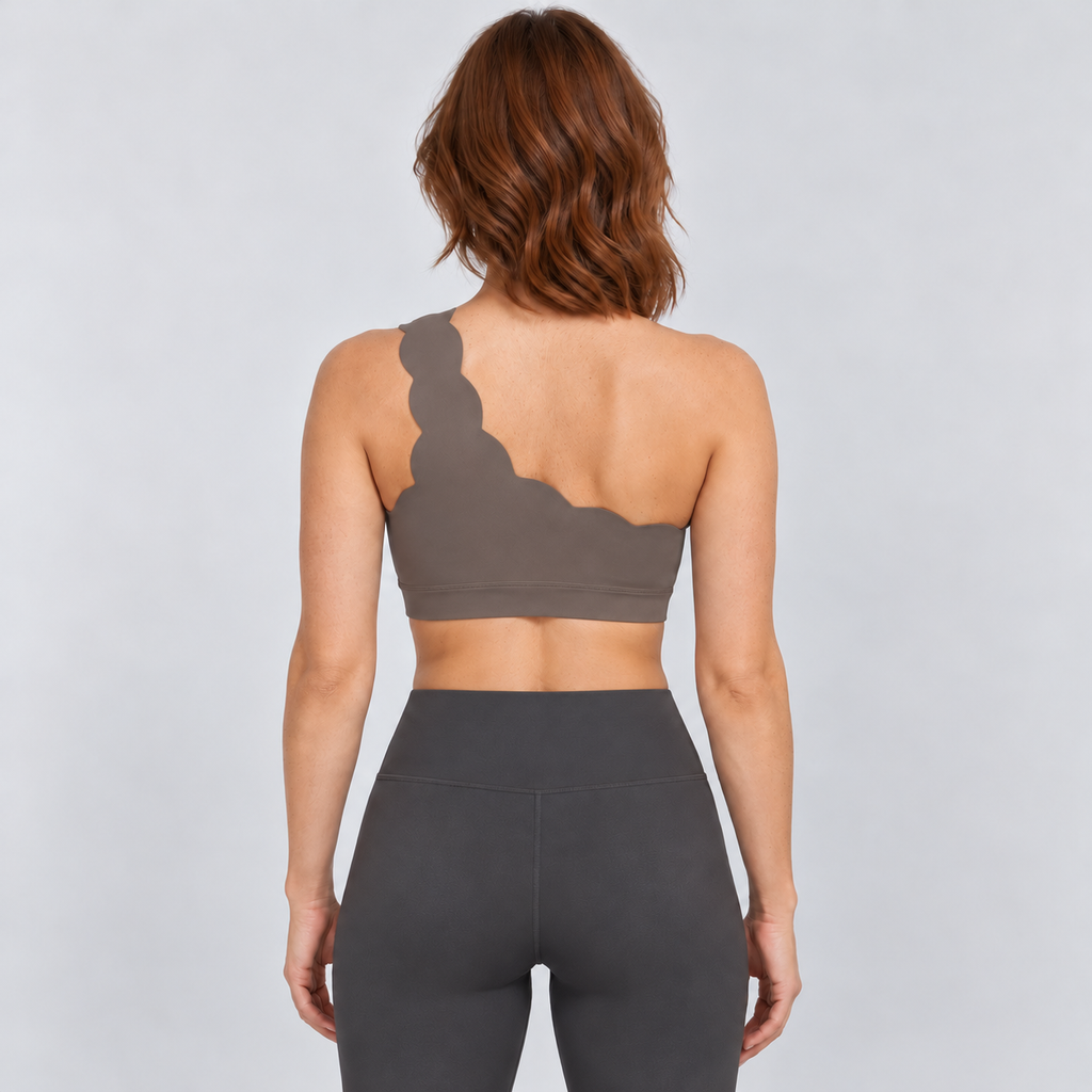 EMY KAKI BROWN one-shoulder sports bra - back view