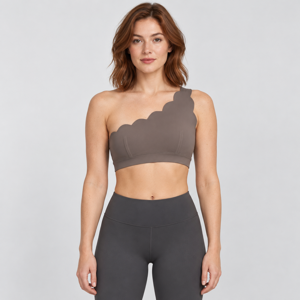 EMY KAKI BROWN one-shoulder sports bra - front view
