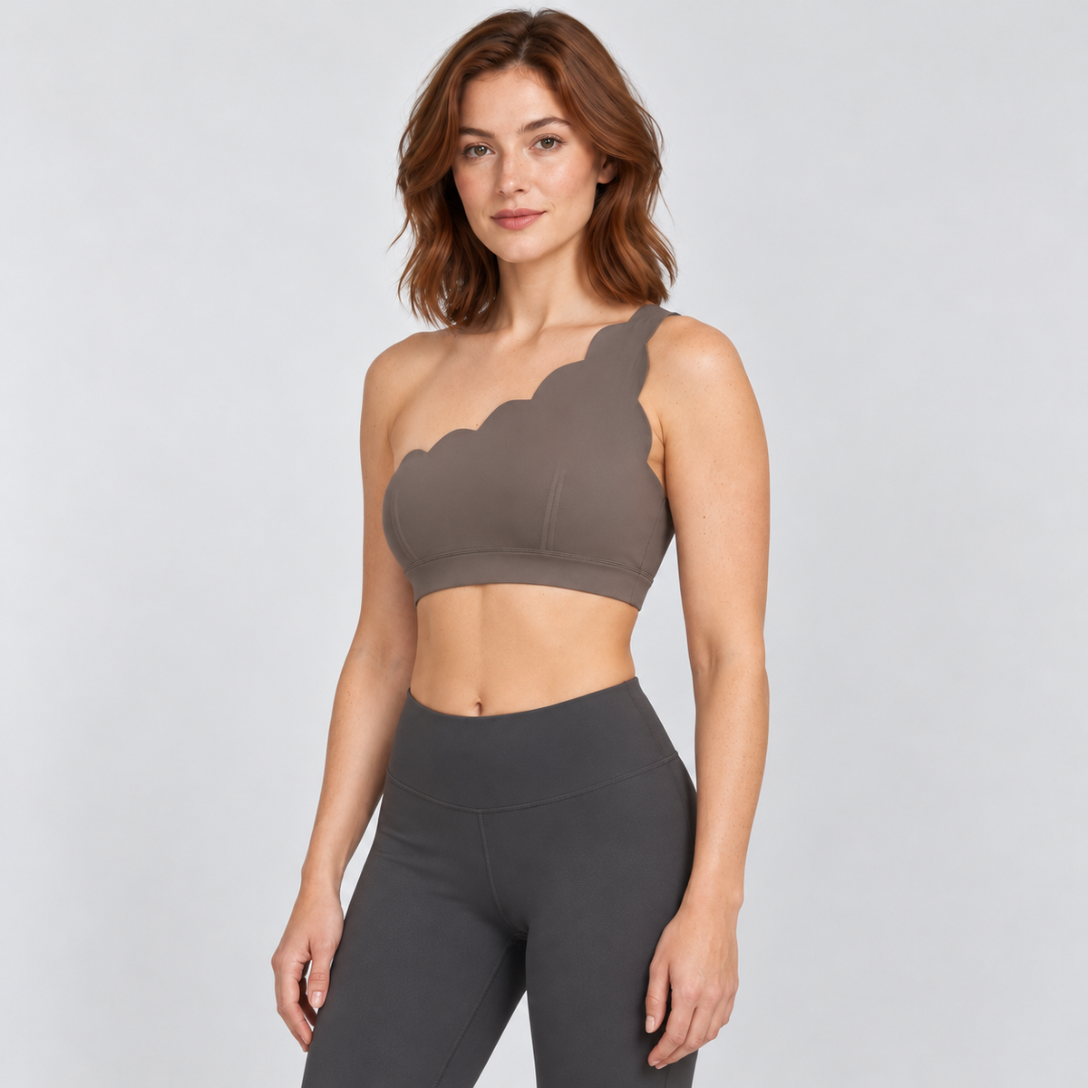 EMY KAKI BROWN one-shoulder sports bra - three-quarter view
