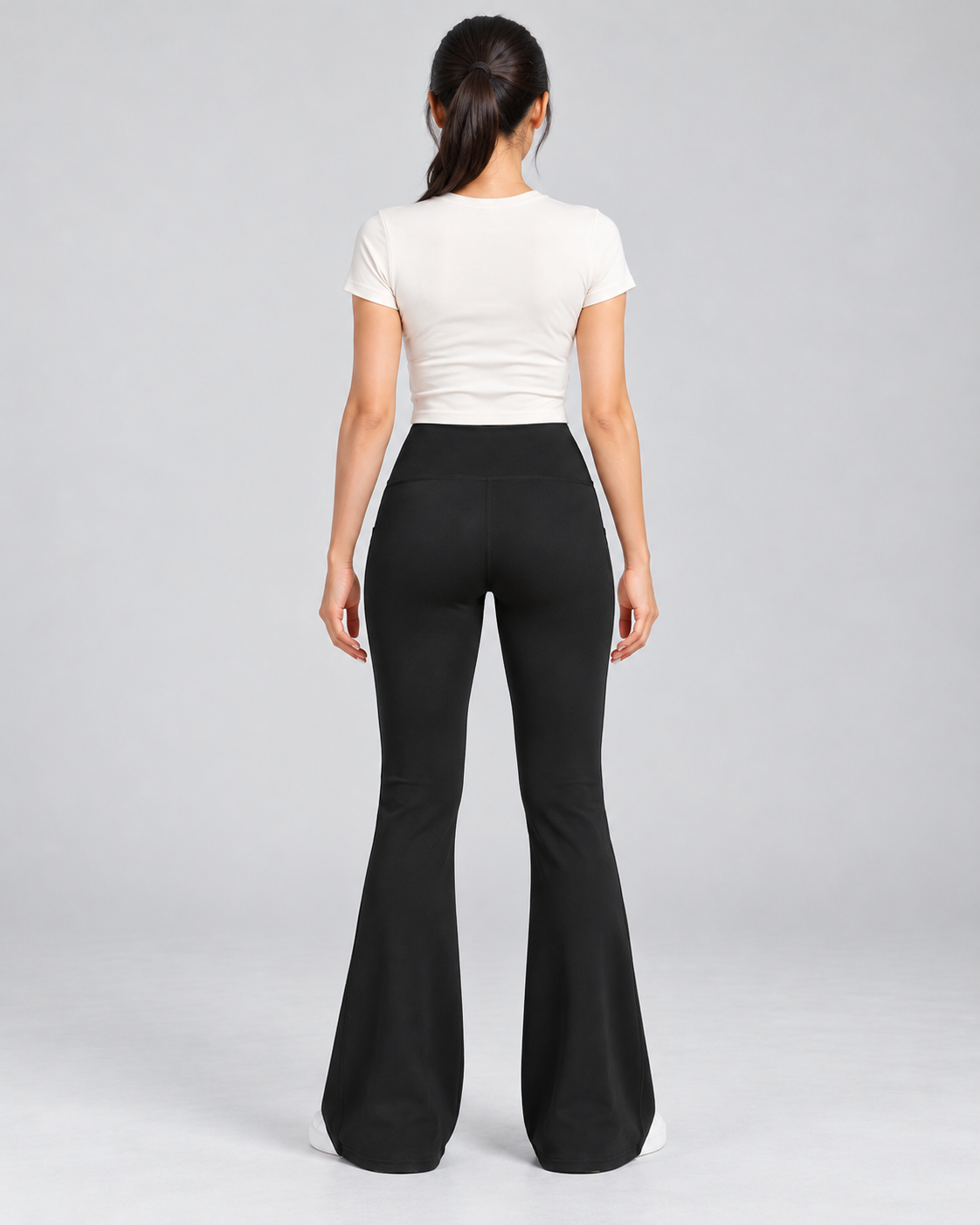 LENA black high-waisted flare leggings — back view