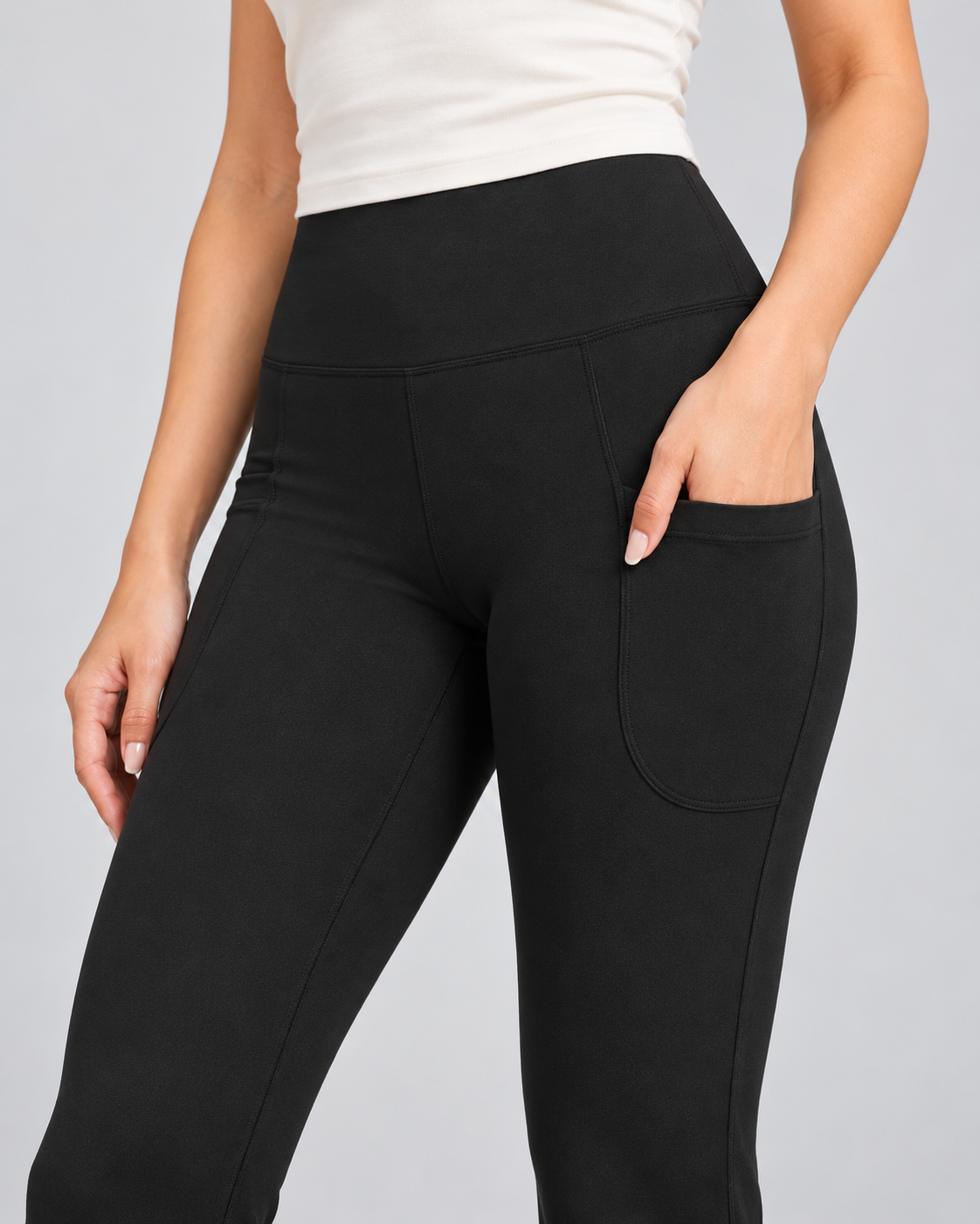 LENA black high-waisted flare leggings — fabric-detail view
