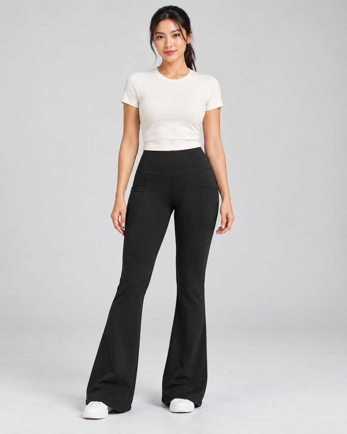 LENA black high-waisted flare leggings — front view