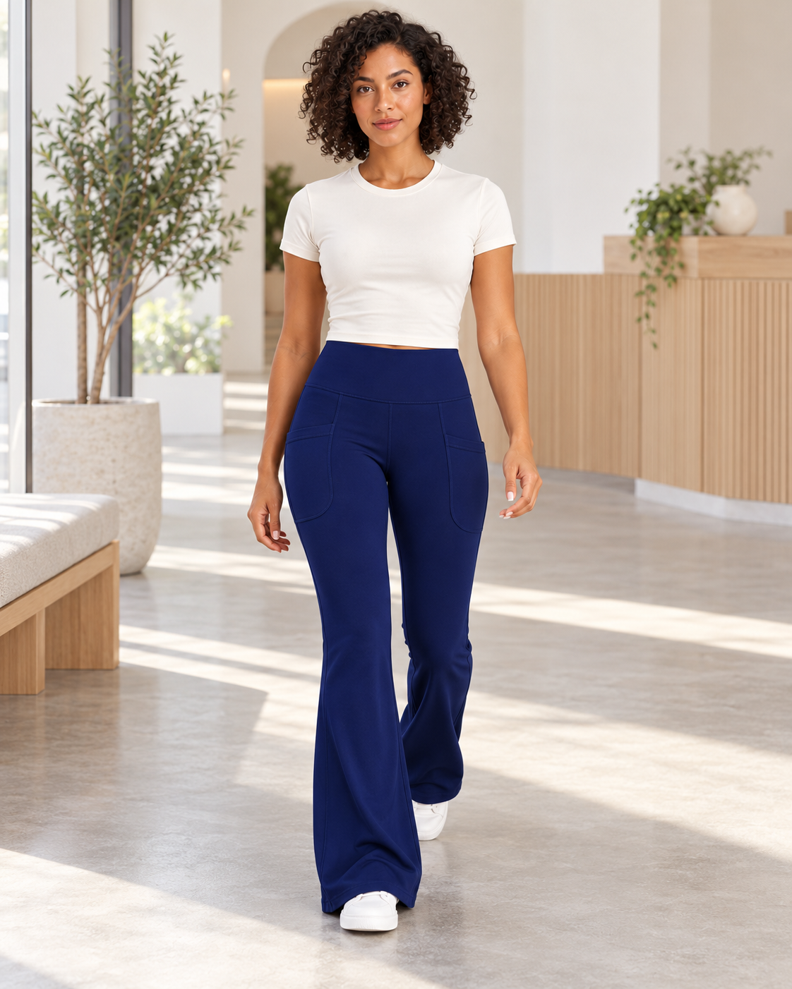 LENA navy blue high-waisted flare leggings — lifestyle view