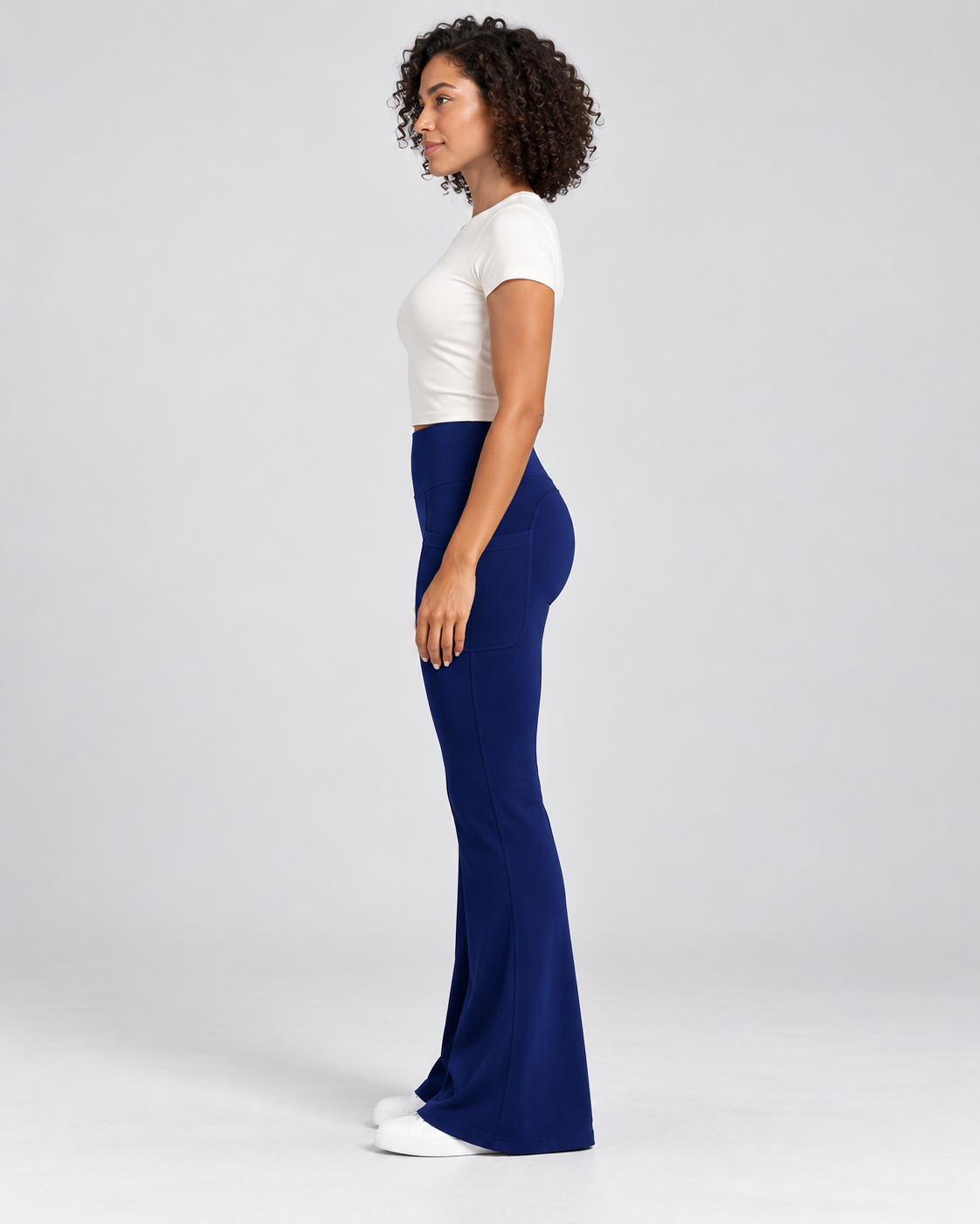 LENA klara navy blue high-waisted flare leggings — side view