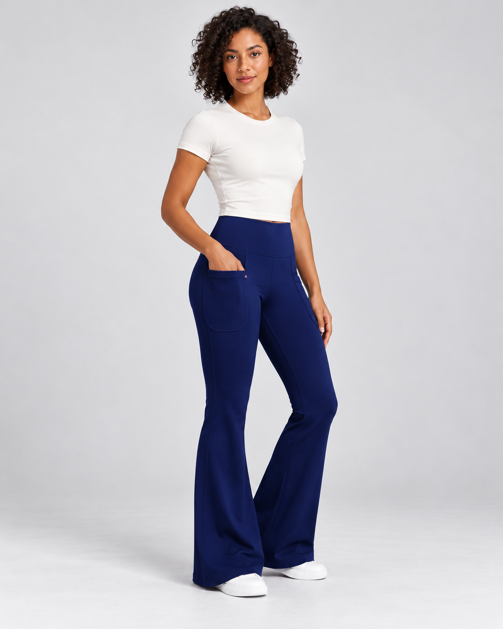 LENA klara navy blue high-waisted flare leggings — three-quarter view
