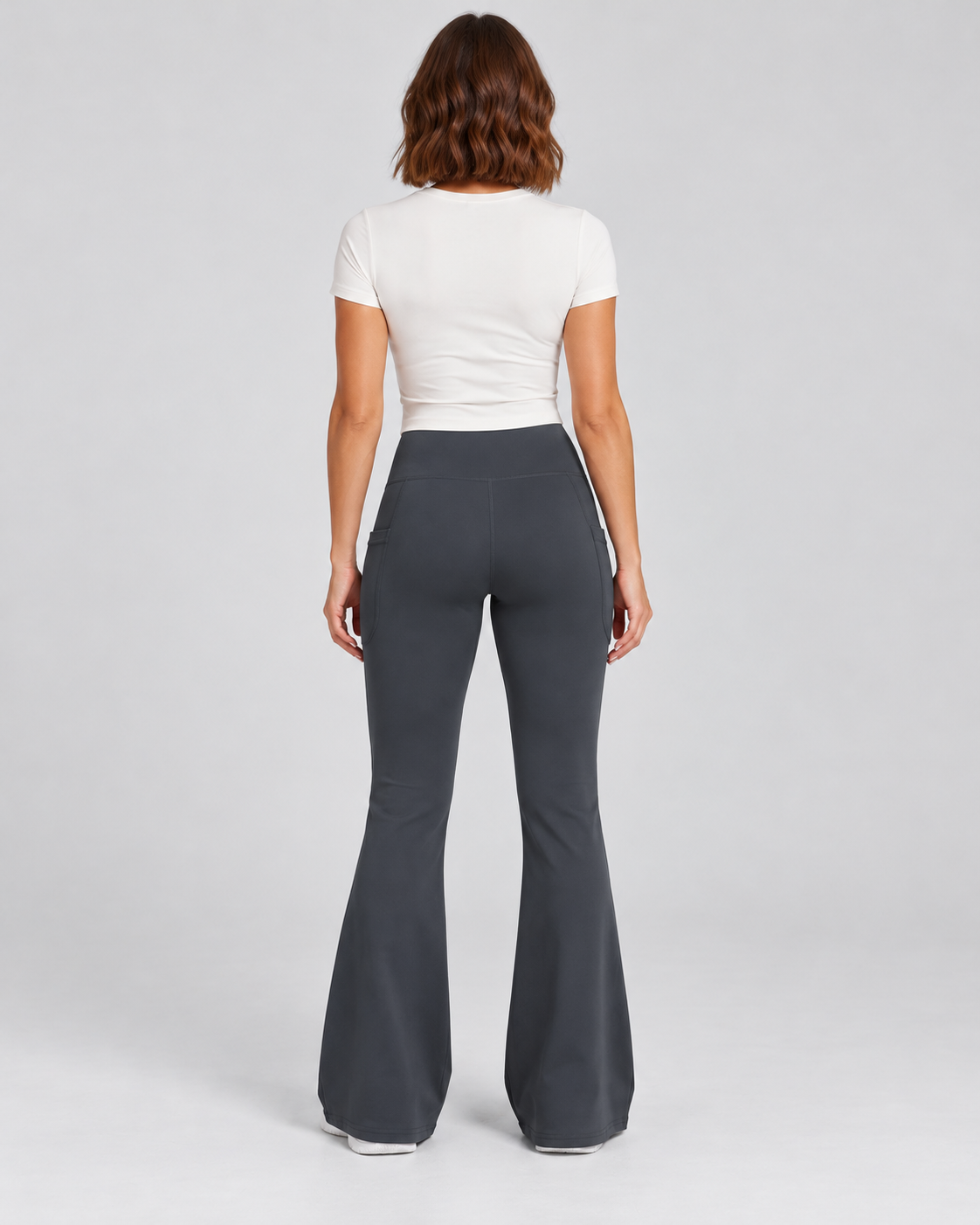 LENA grey high-waisted flare leggings — back view