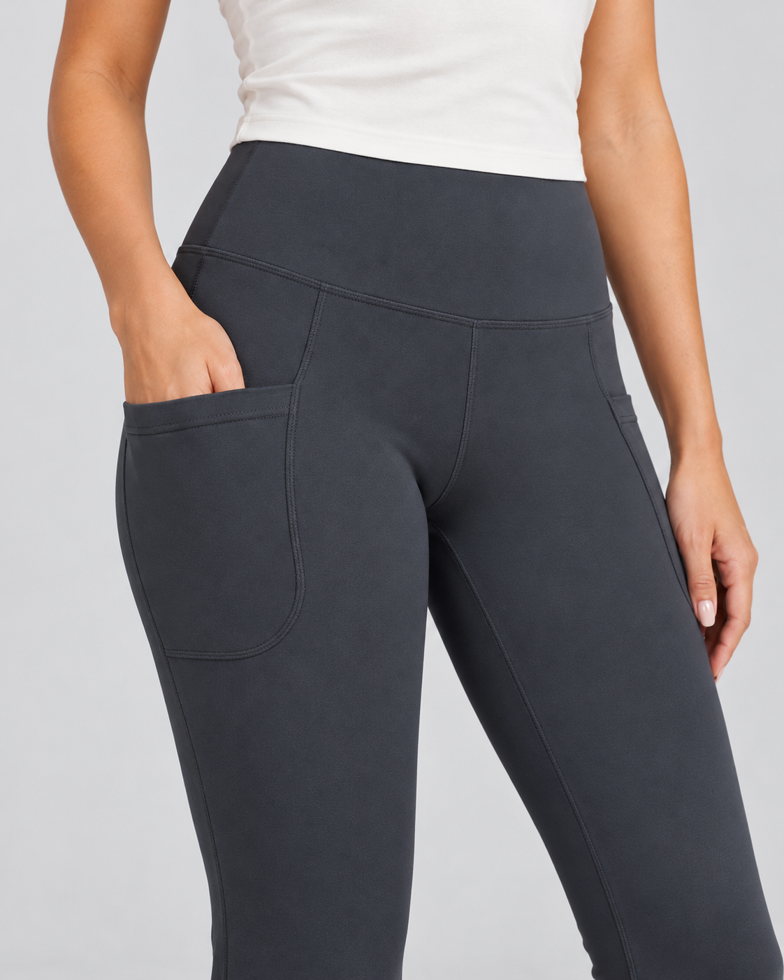 LENA grey high-waisted flare leggings — fabric-detail view