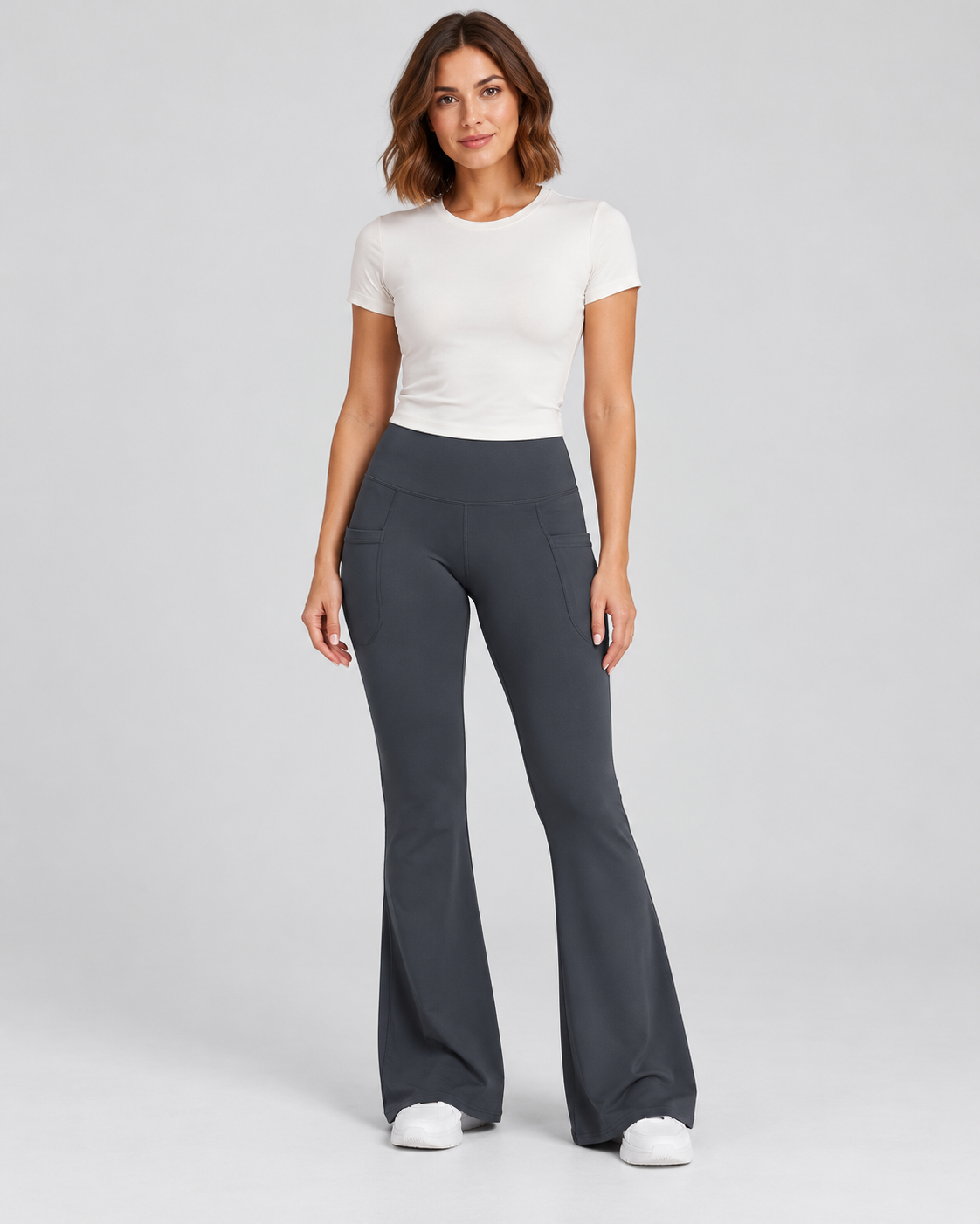LENA grey high-waisted flare leggings — front view