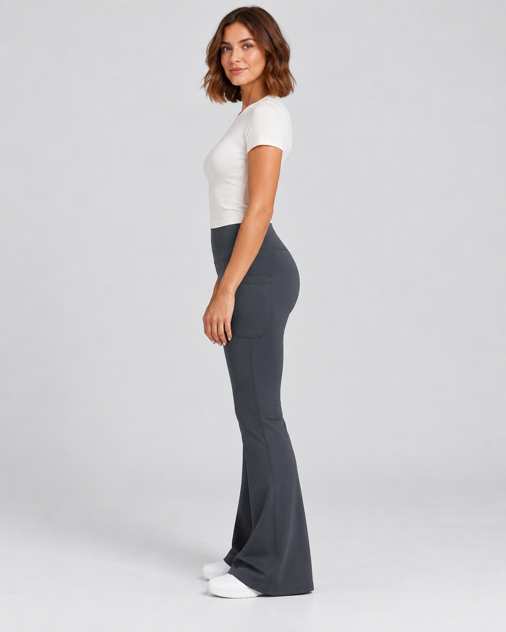 LENA grey high-waisted flare leggings — side view