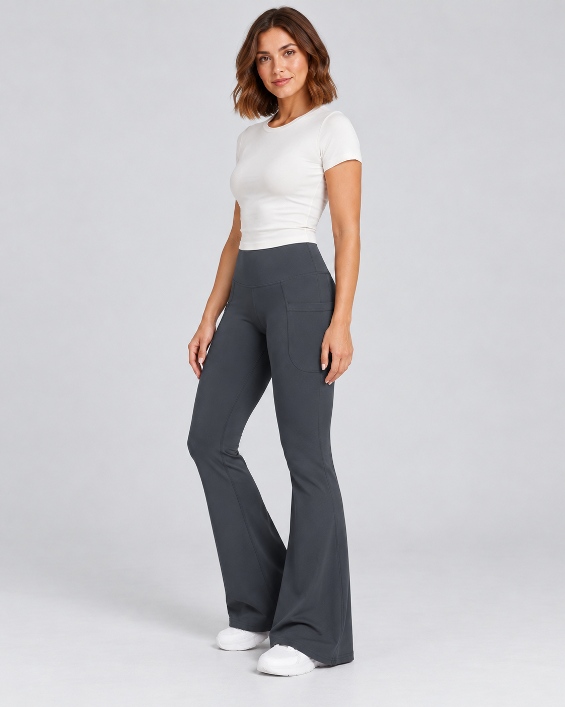 LENA grey high-waisted flare leggings — three-quarter view