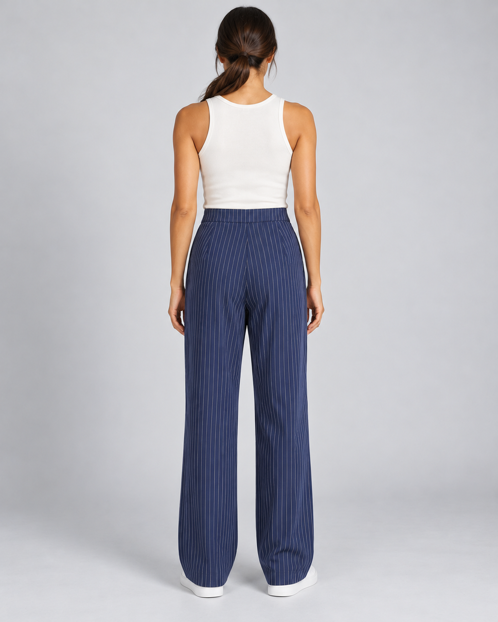 LILA Navy Blue pinstripe tailored pants - back view