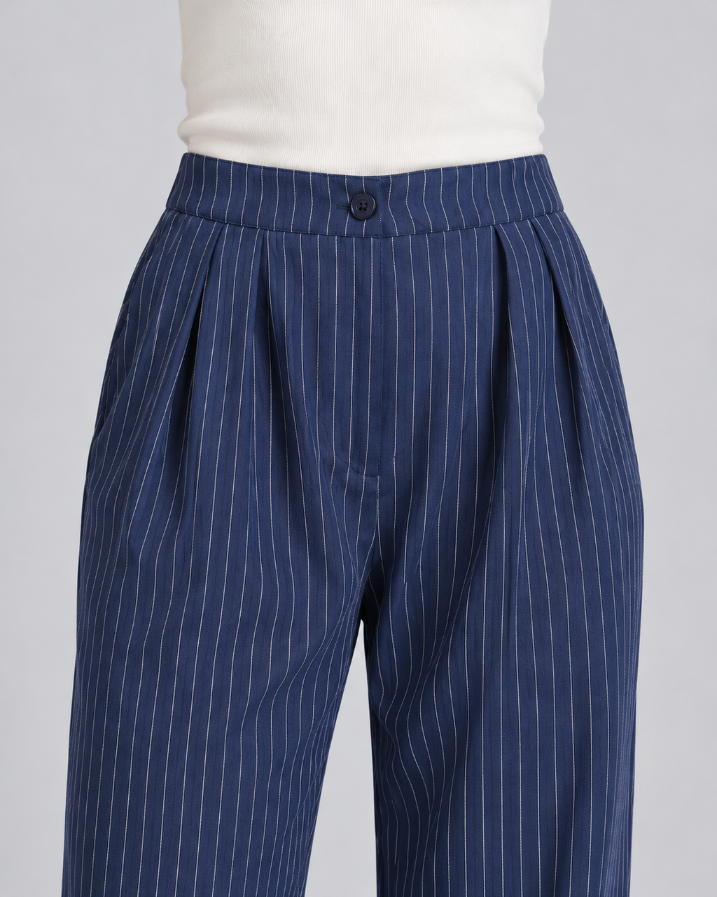 LILA Navy Blue pinstripe tailored pants - fabric-detail view