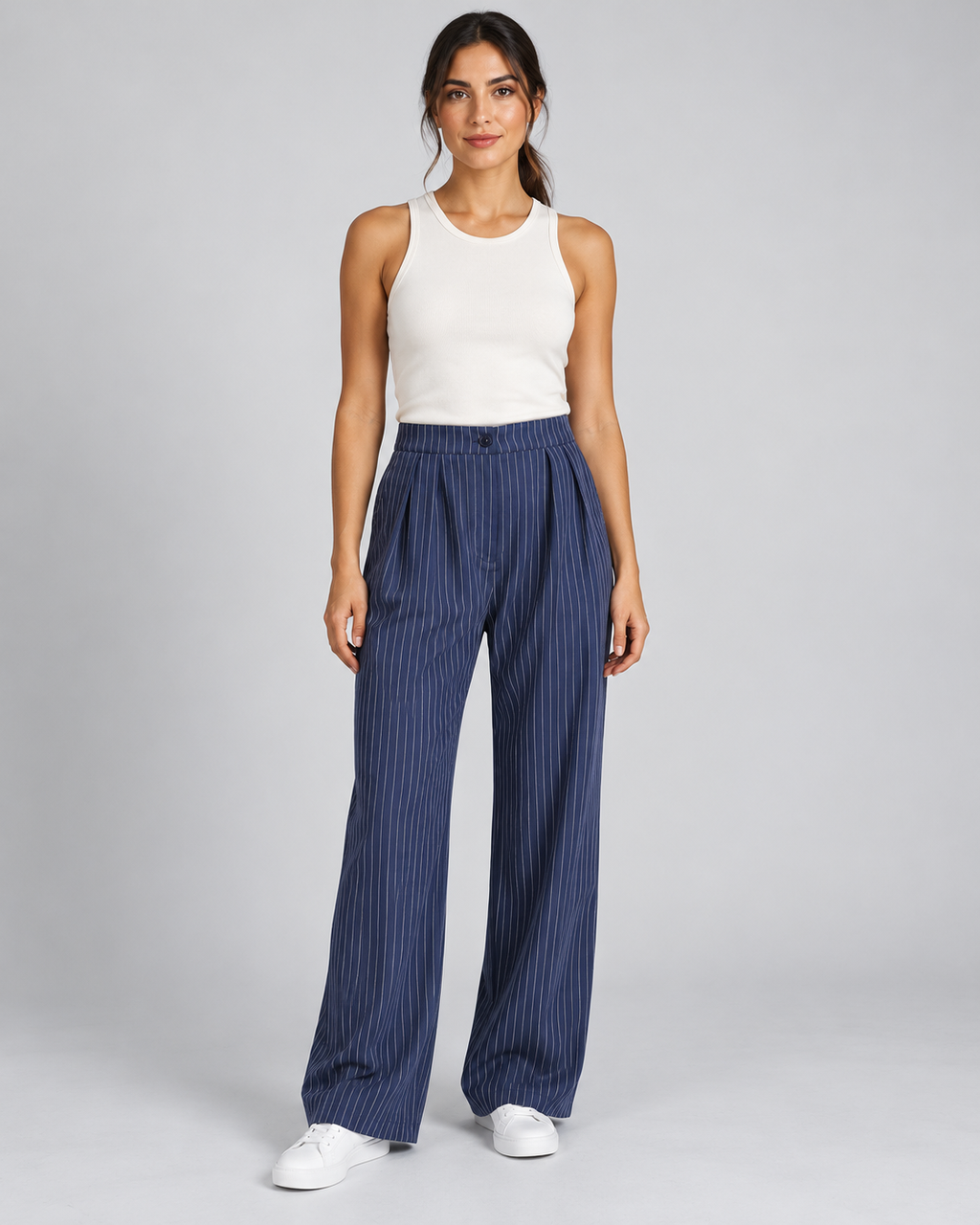 LILA Navy Blue pinstripe tailored pants - front view