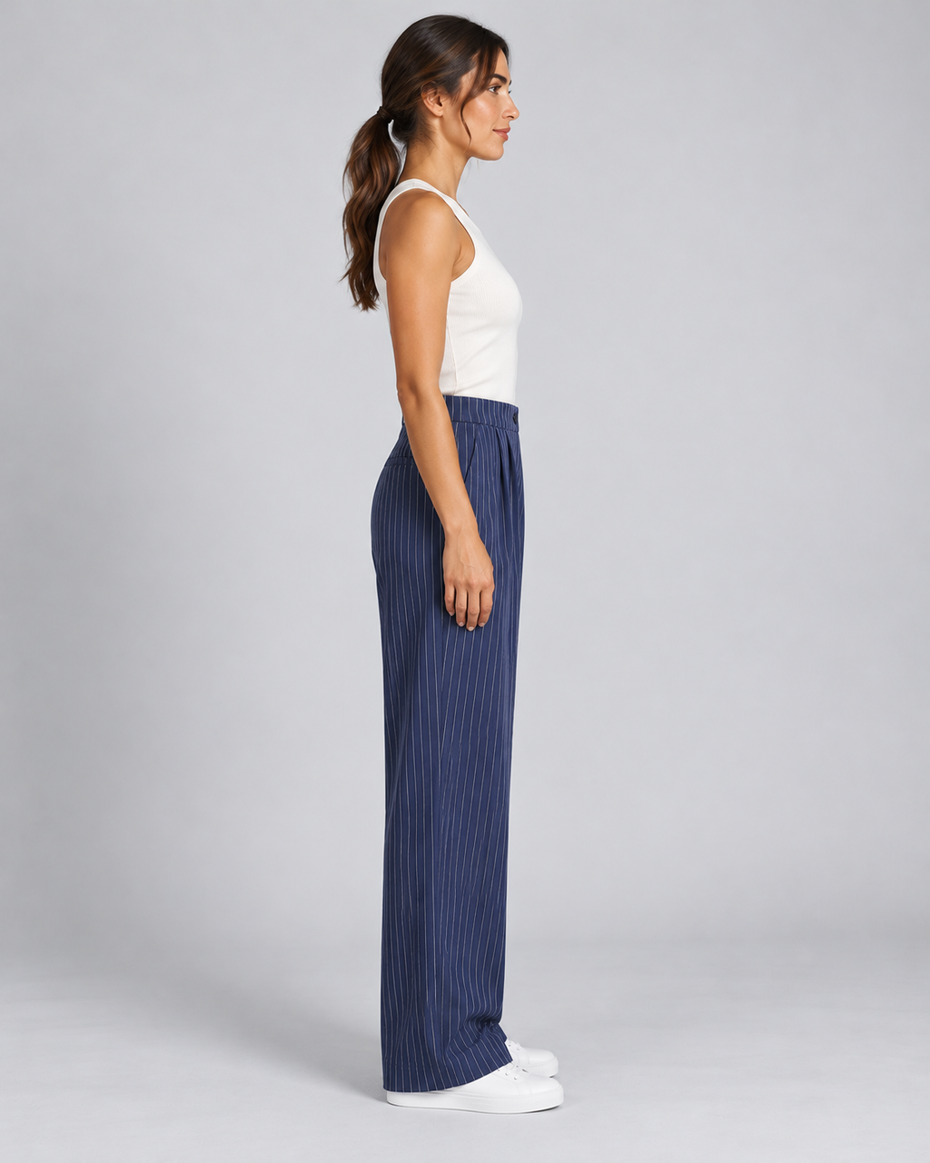 LILA Navy Blue pinstripe tailored pants - side view